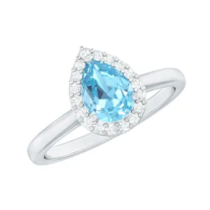 3/4 CT Pear Cut Aquamarine Solitaire Engagement Ring with Diamond Halo
