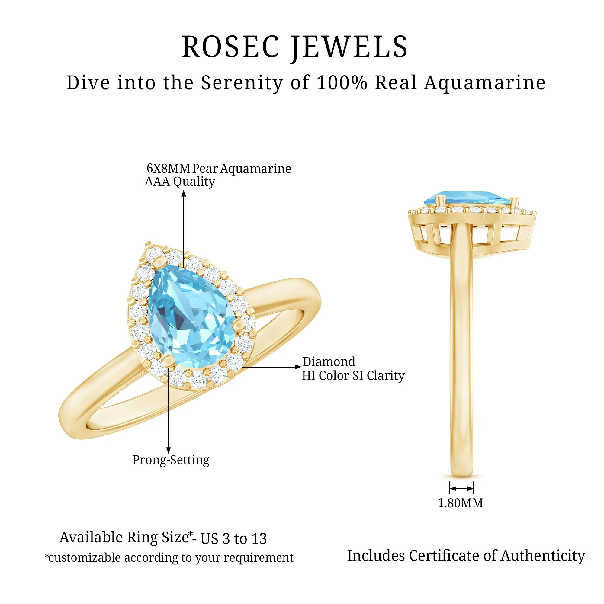 3/4 CT Pear Cut Aquamarine Solitaire Engagement Ring with Diamond Halo