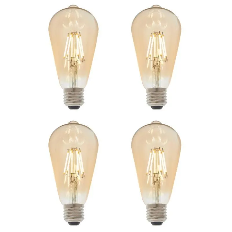 4 X E27 LED Filament Amber Pear Shaped Dimmable 6w Light Bulb