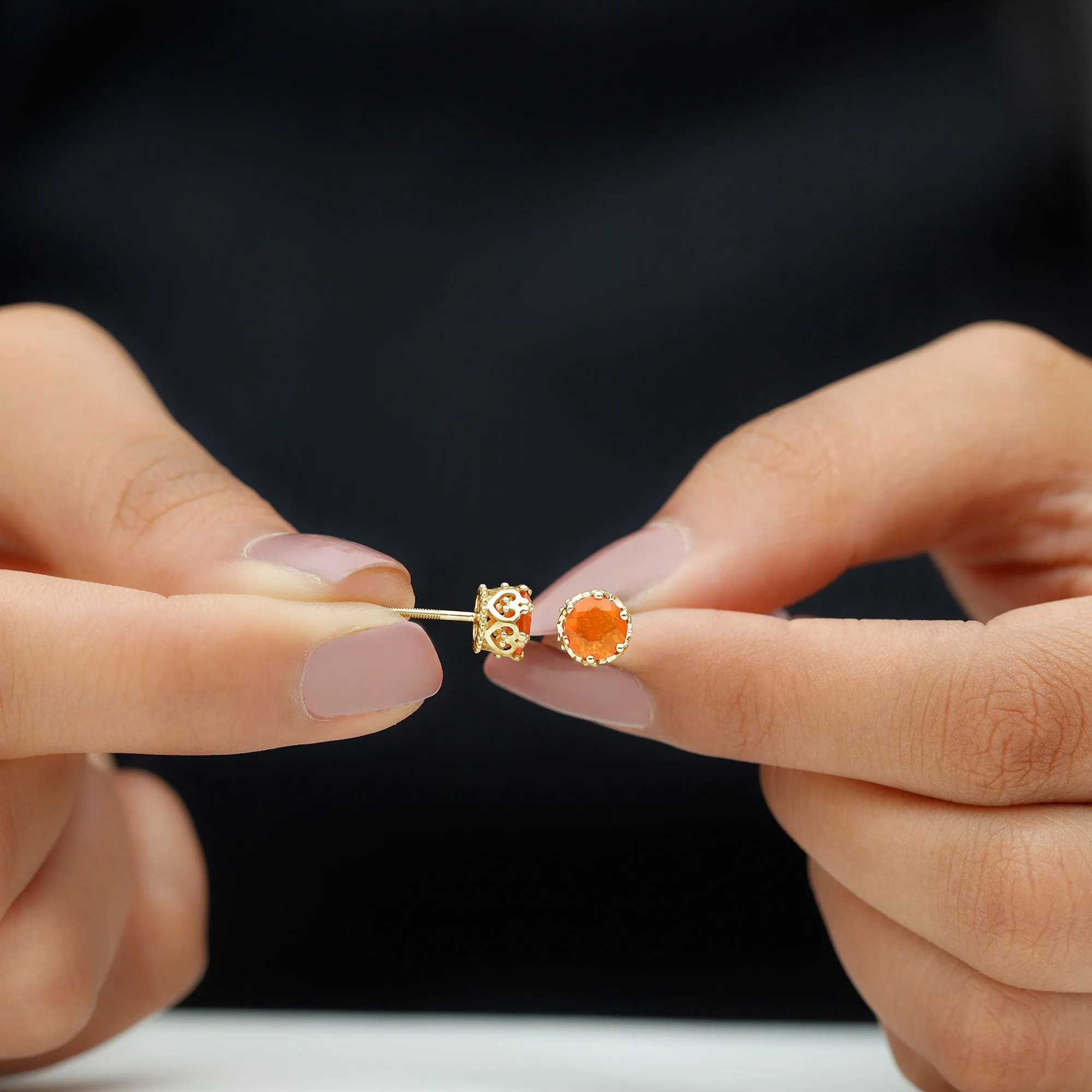 6 MM Fire Opal Solitaire Crown Stud Earrings
