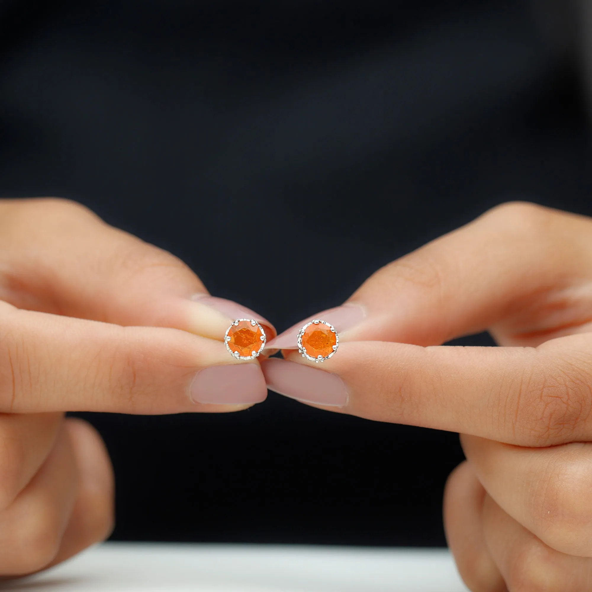 6 MM Fire Opal Solitaire Crown Stud Earrings