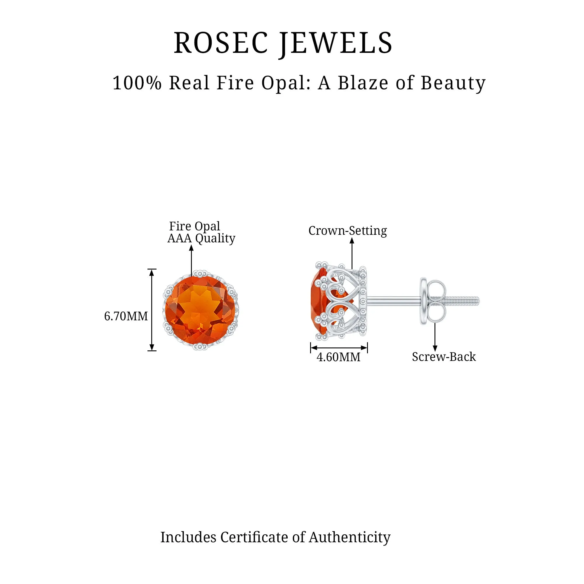 6 MM Fire Opal Solitaire Crown Stud Earrings