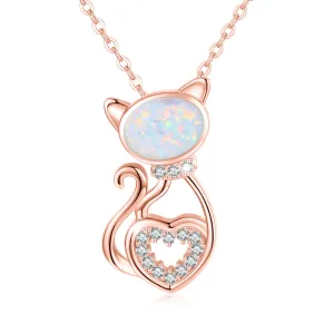 925 Sterling Silver Opal Cat Pendant Necklace