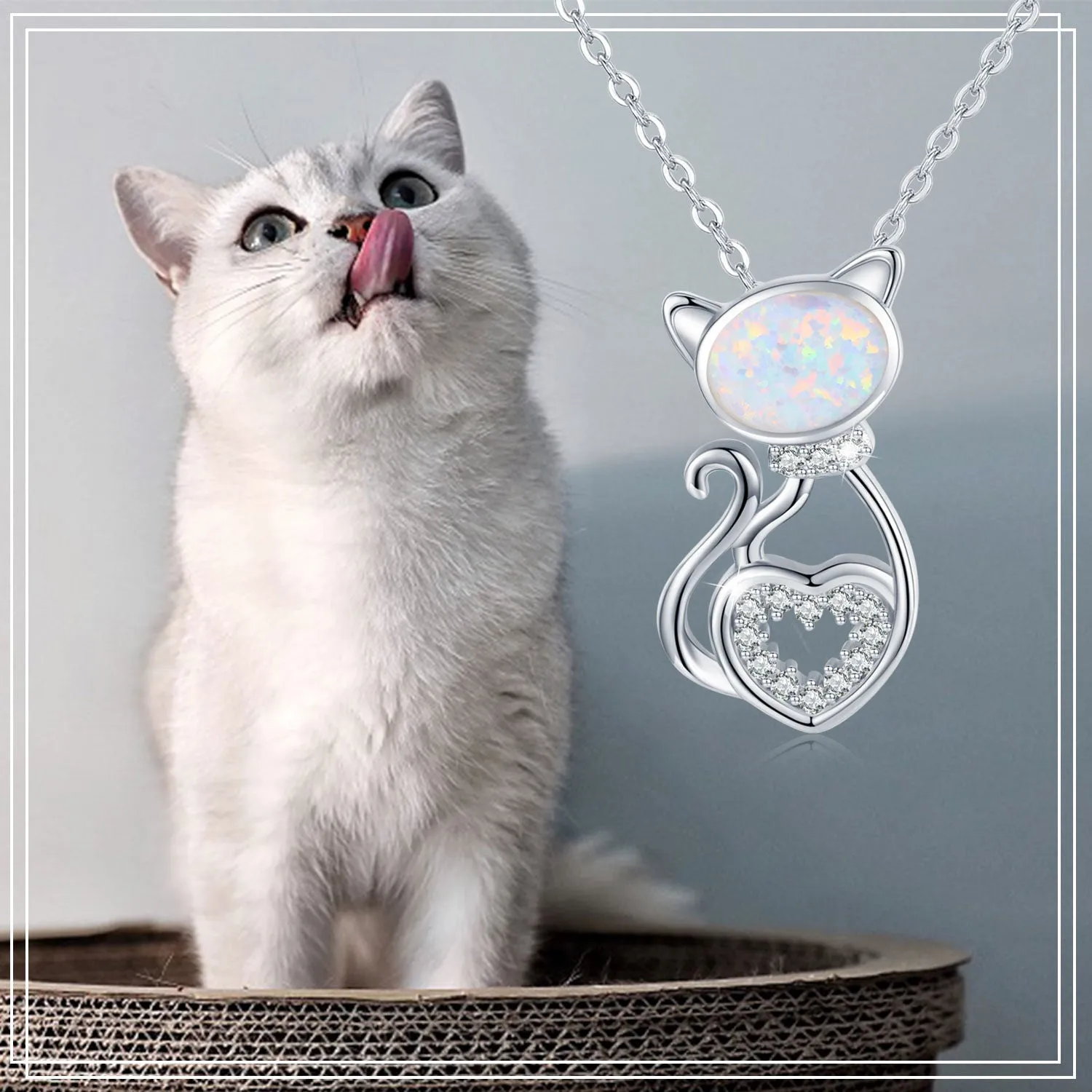 925 Sterling Silver Opal Cat Pendant Necklace