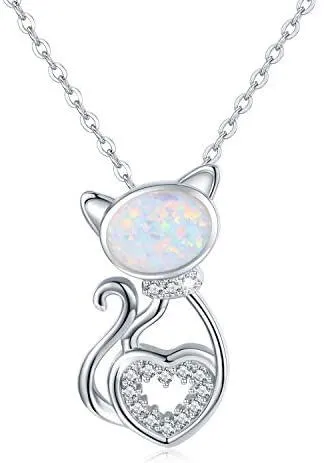 925 Sterling Silver Opal Cat Pendant Necklace
