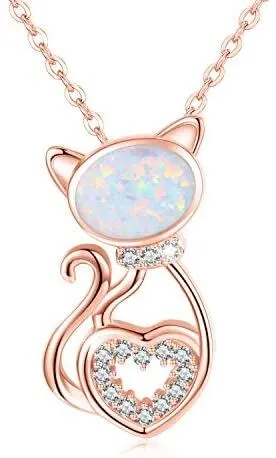 925 Sterling Silver Opal Cat Pendant Necklace