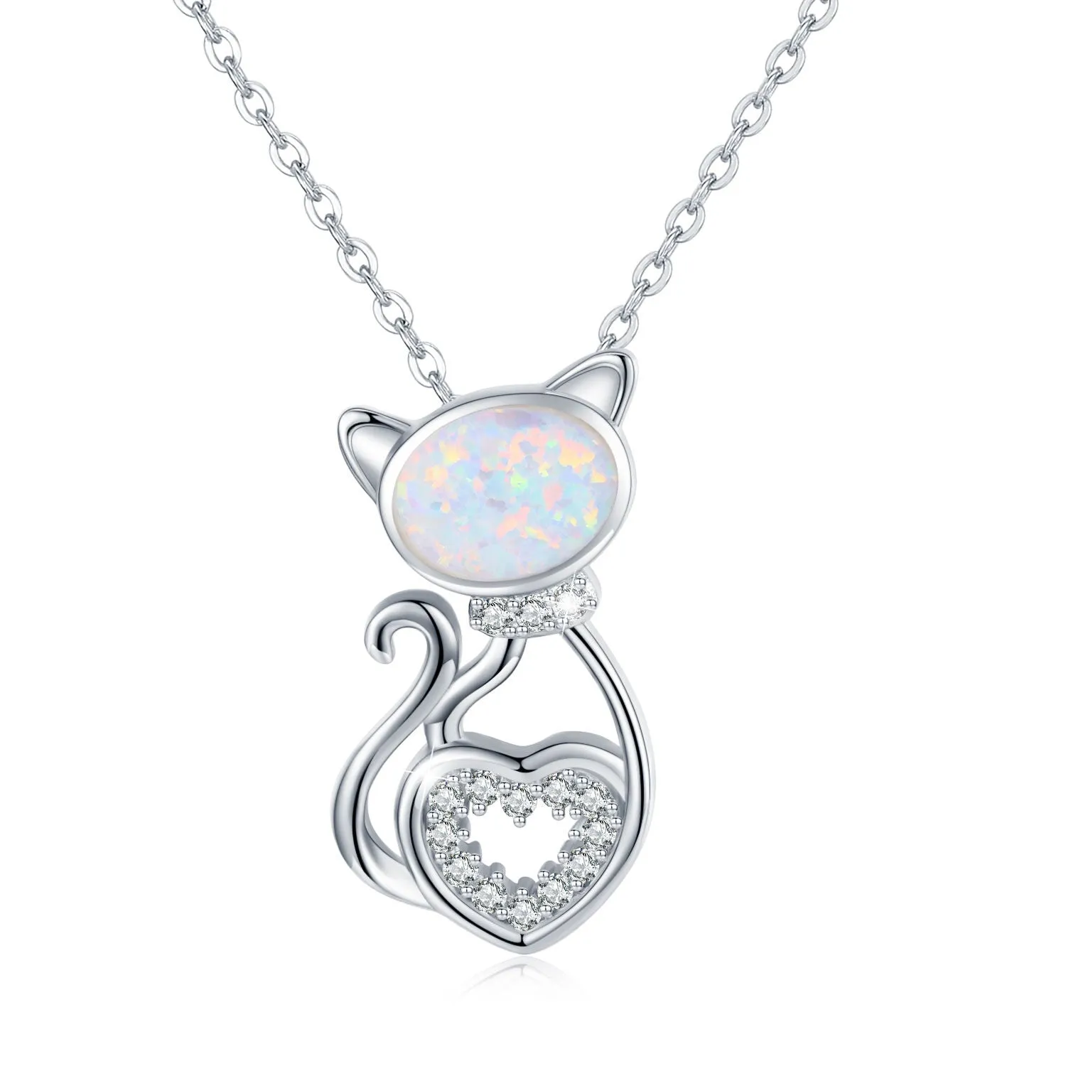925 Sterling Silver Opal Cat Pendant Necklace