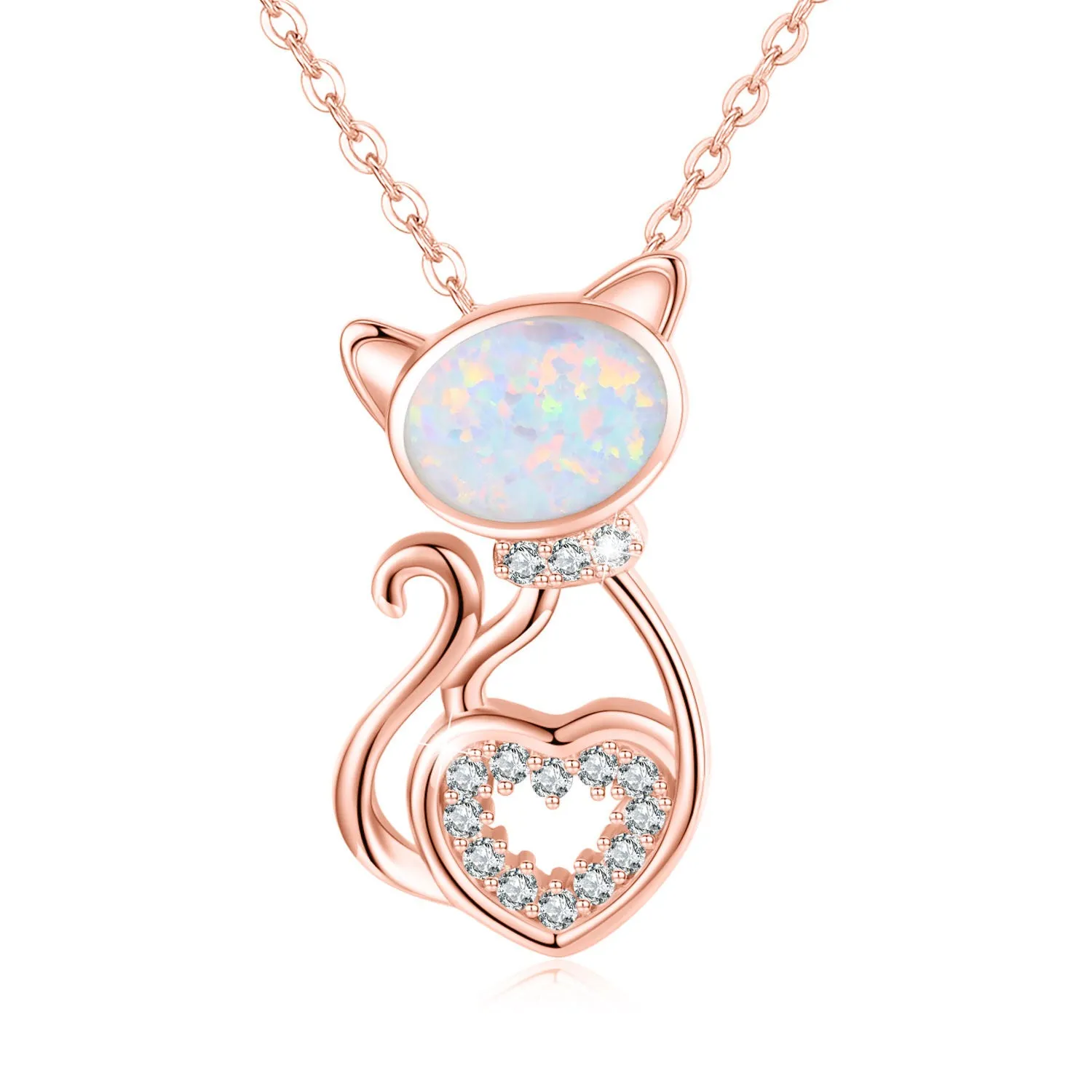925 Sterling Silver Opal Cat Pendant Necklace