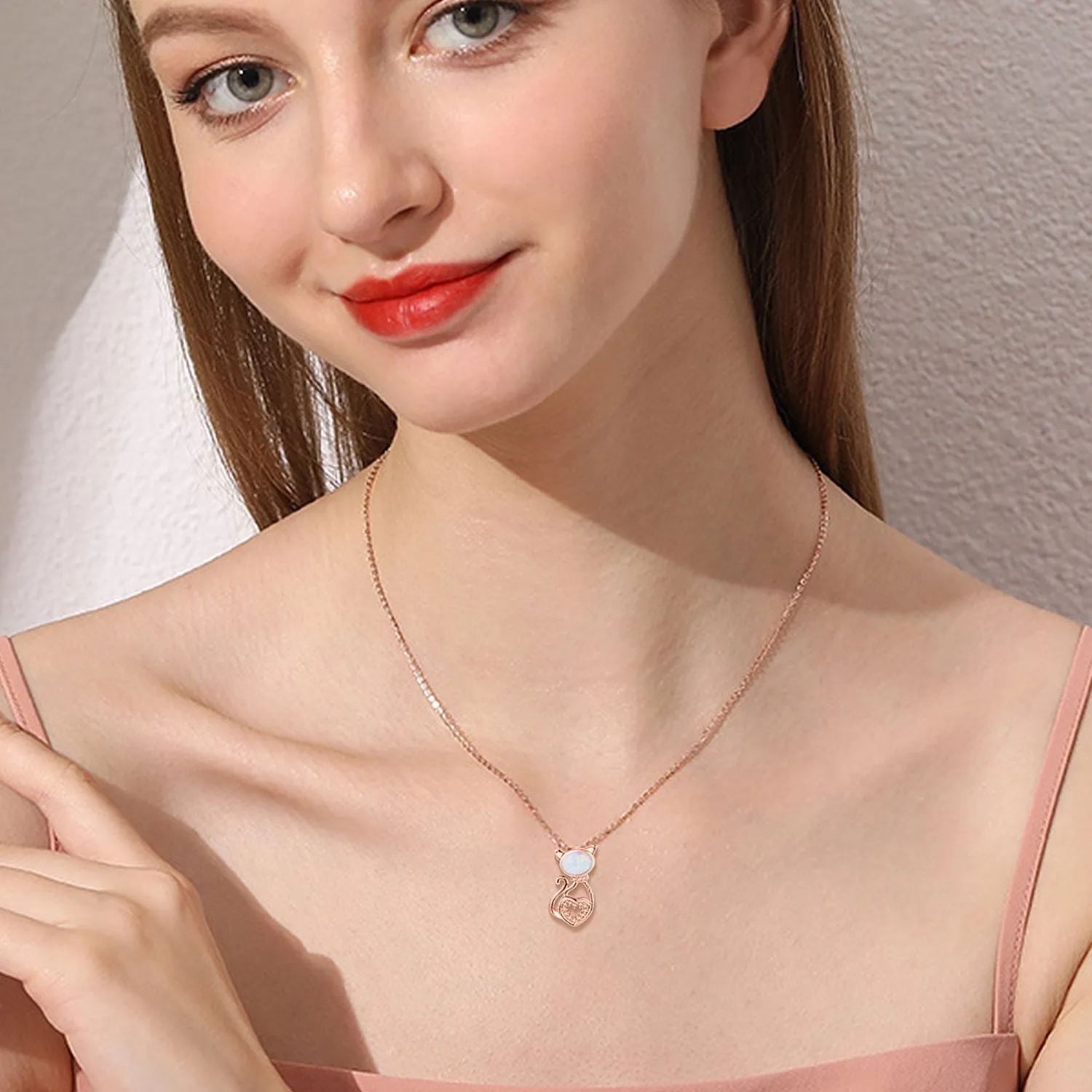 925 Sterling Silver Opal Cat Pendant Necklace