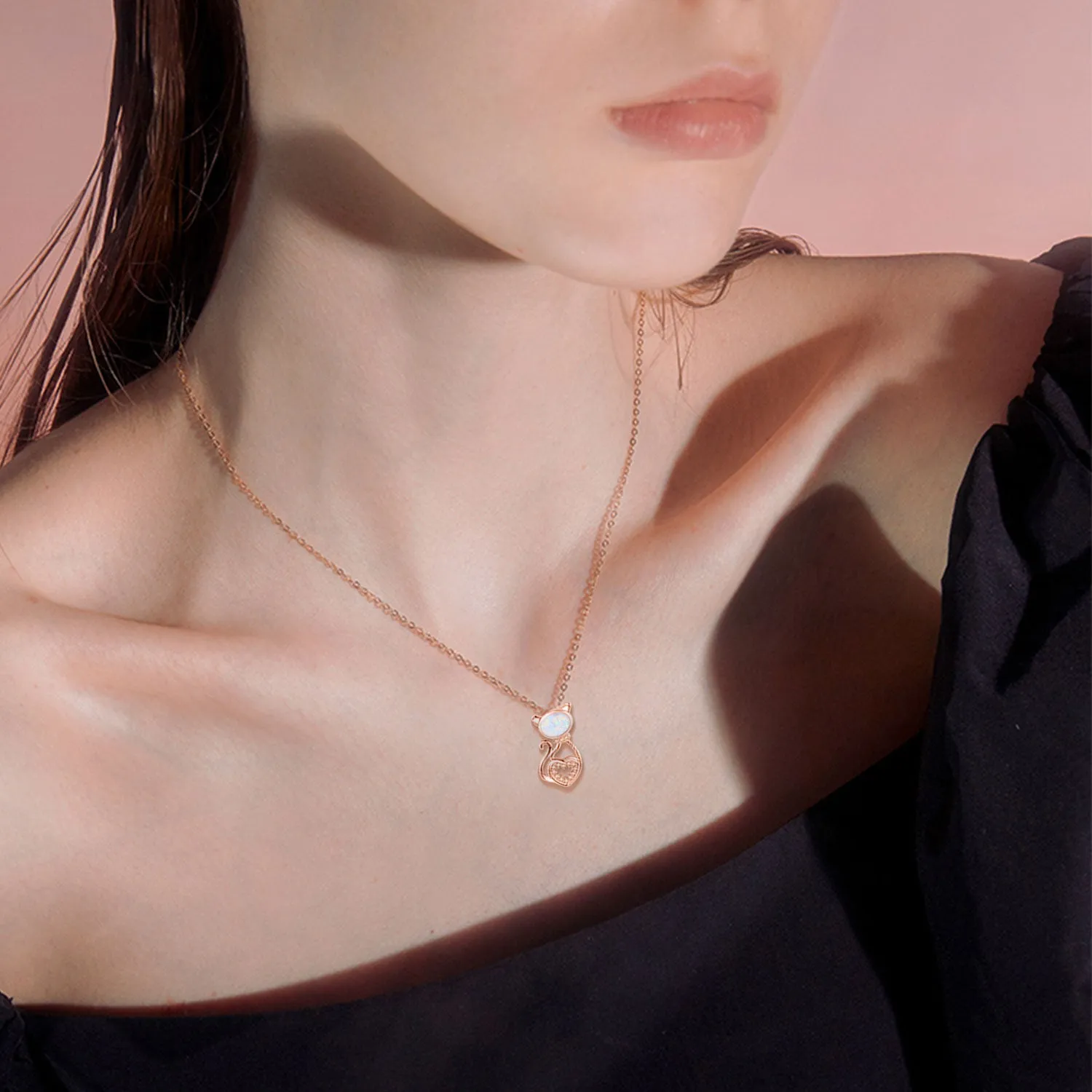 925 Sterling Silver Opal Cat Pendant Necklace