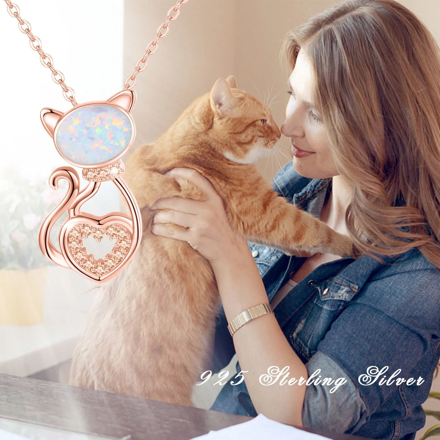 925 Sterling Silver Opal Cat Pendant Necklace