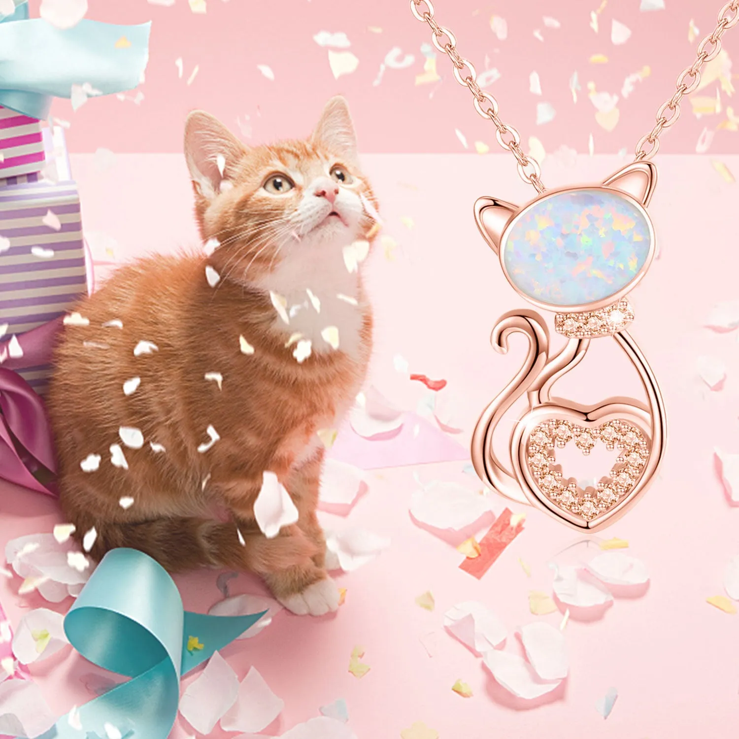925 Sterling Silver Opal Cat Pendant Necklace