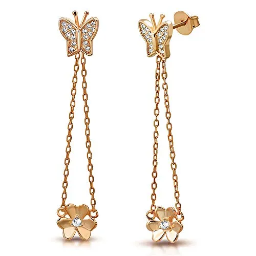 925 Sterling Silver Rose Gold-Tone White Clear CZ Butterfly Flower Dangle Drop Earrings, 1.70"