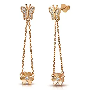 925 Sterling Silver Rose Gold-Tone White Clear CZ Butterfly Flower Dangle Drop Earrings, 1.70"
