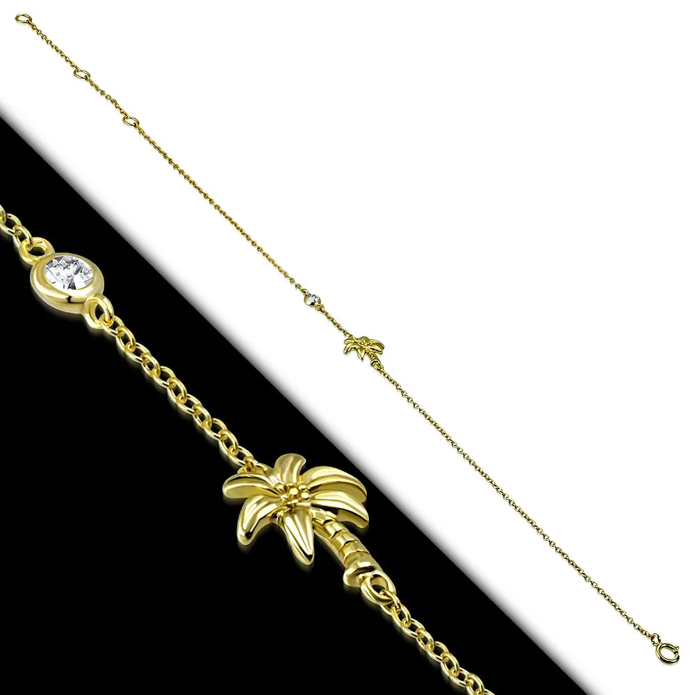 925 Sterling Silver Yellow Gold-Tone Bezel-Set CZ Palm Tree Anklet Bracelet