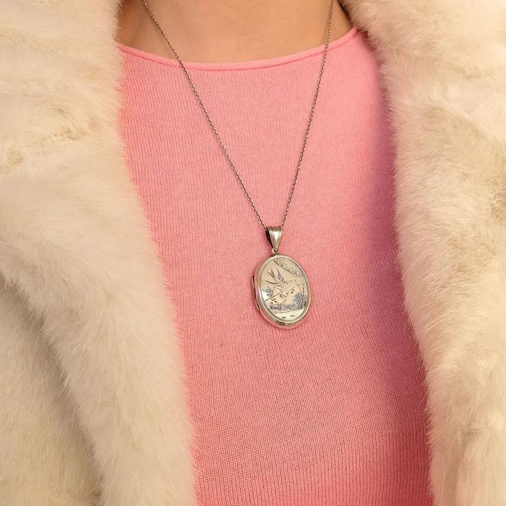 Antique Victorian Sterling Silver Bird Mourning Locket Necklace