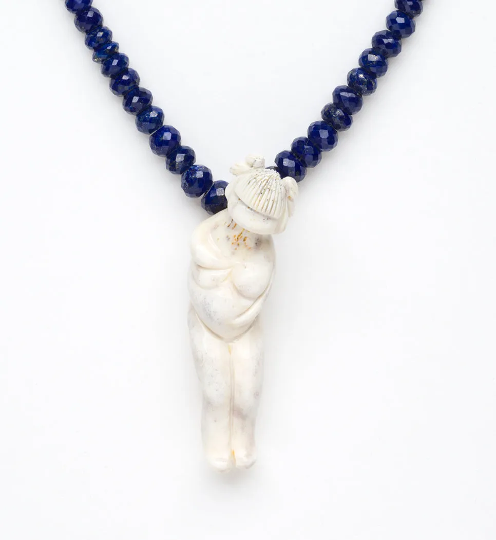 Antler "Mother" Pendant Necklace With Faceted Lapis Lazuli Beads