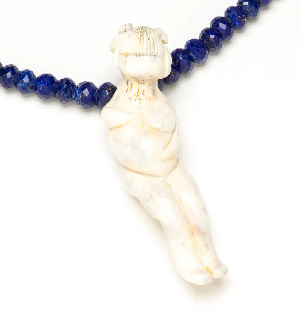 Antler "Mother" Pendant Necklace With Faceted Lapis Lazuli Beads