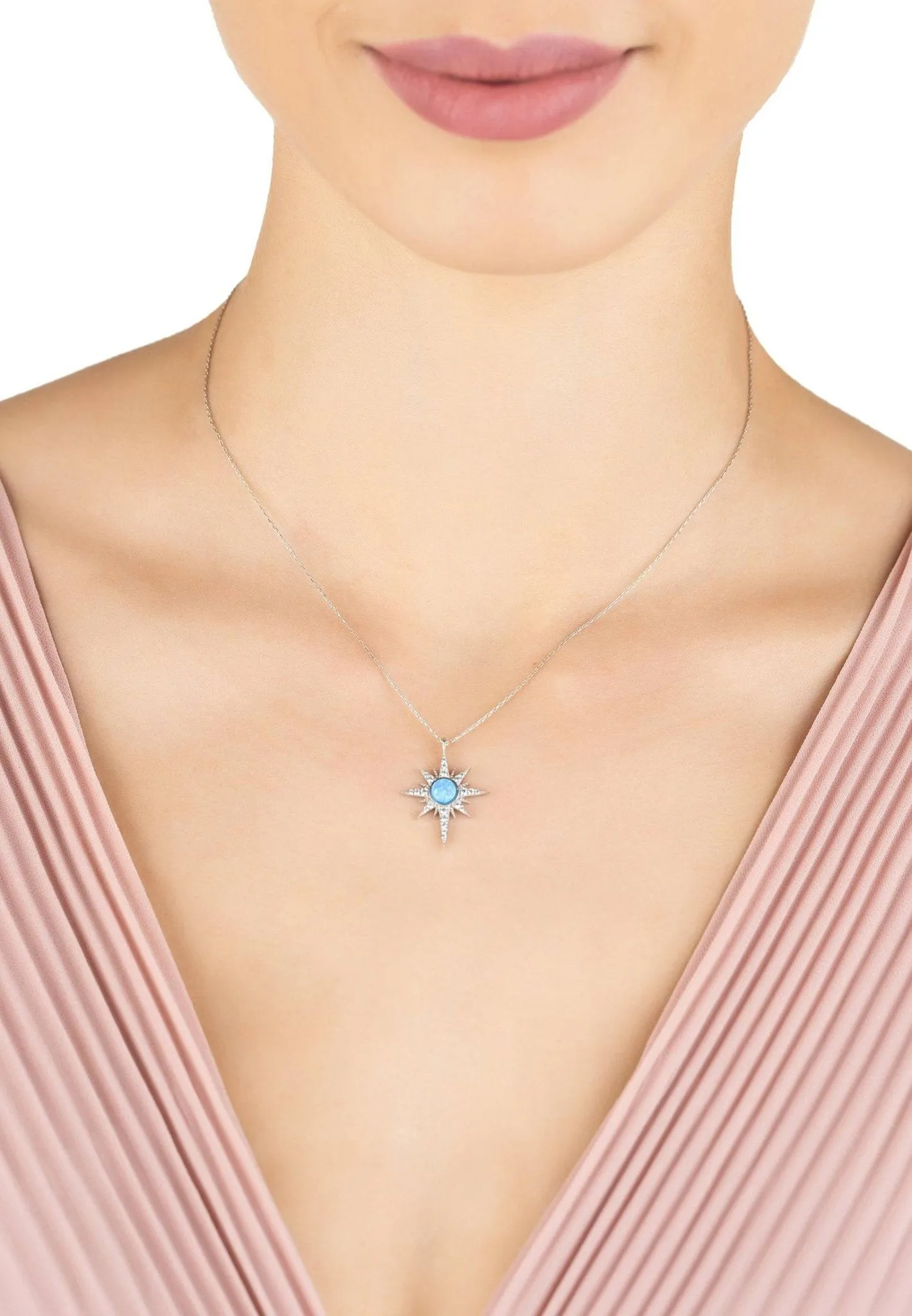 Apollo Opalite Blue Sunburst Necklace Silver