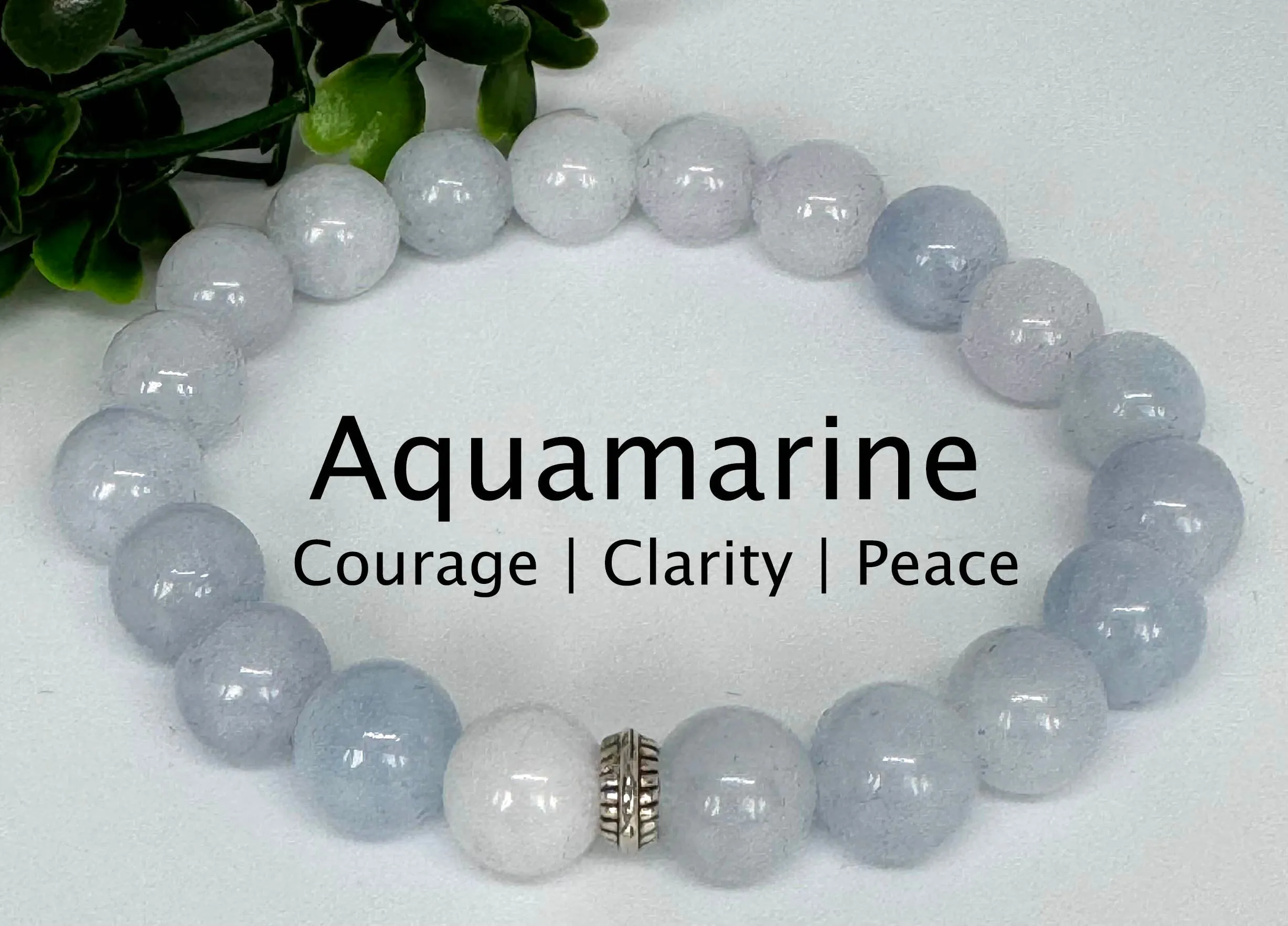 Aquamarine 10mm stretch beaded bracelet with silver spacer. Gift for him, gift for her. Courage,Clarity, Peace