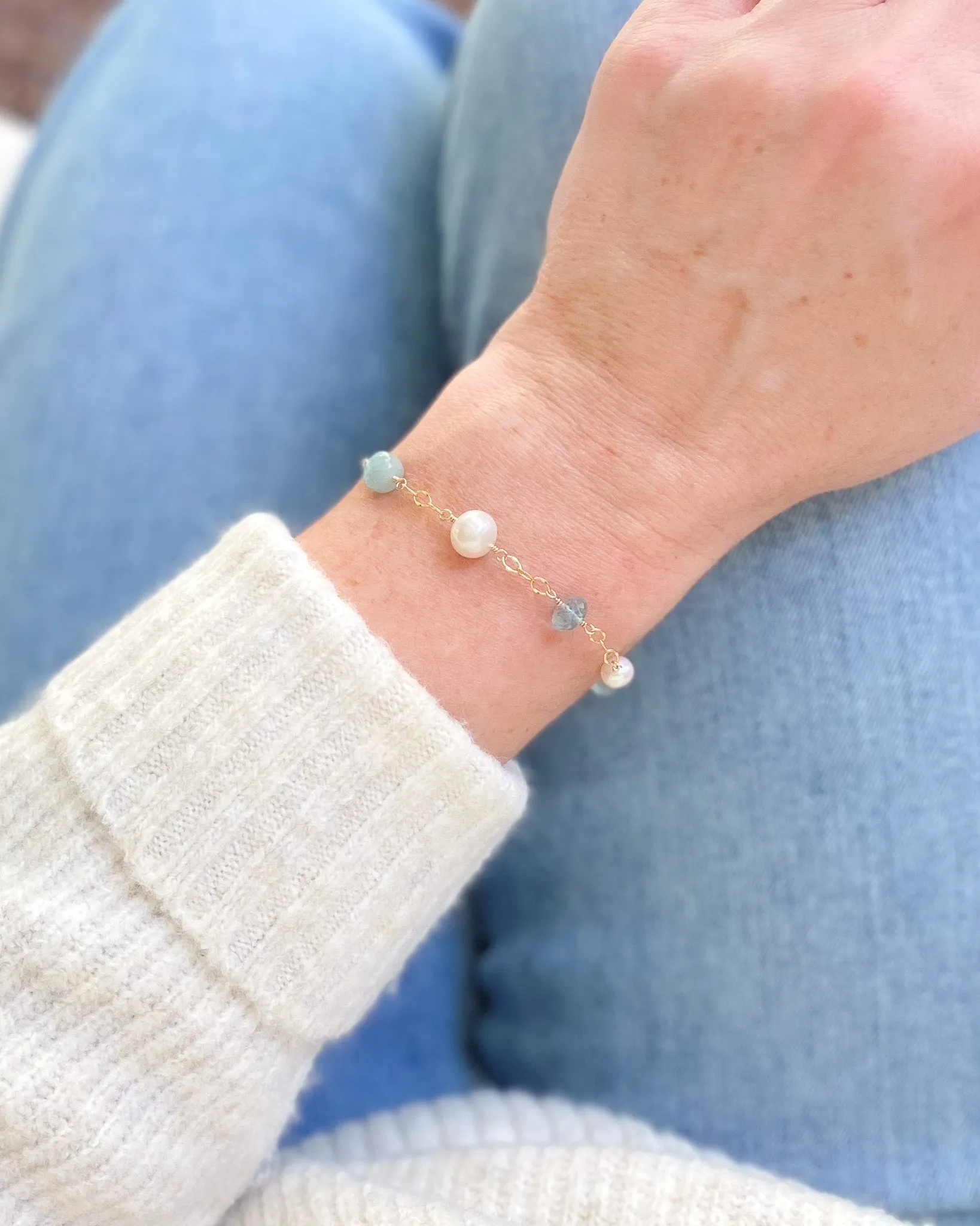 Aquamarine and Pearl Station Bracelet