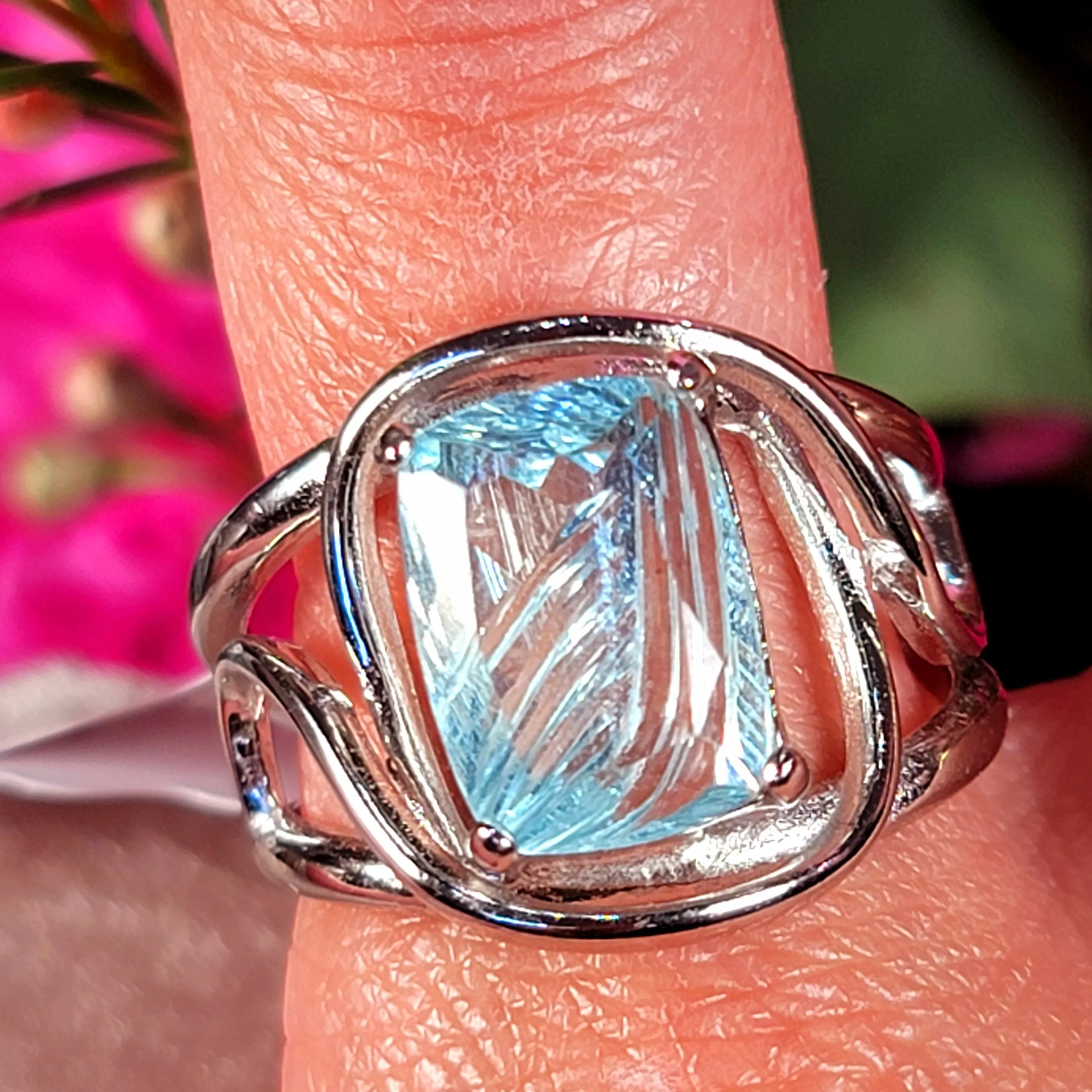 Aquamarine Carved Finger Cuff Adjustable Ring .925 Silver for Improved Communication and Peace