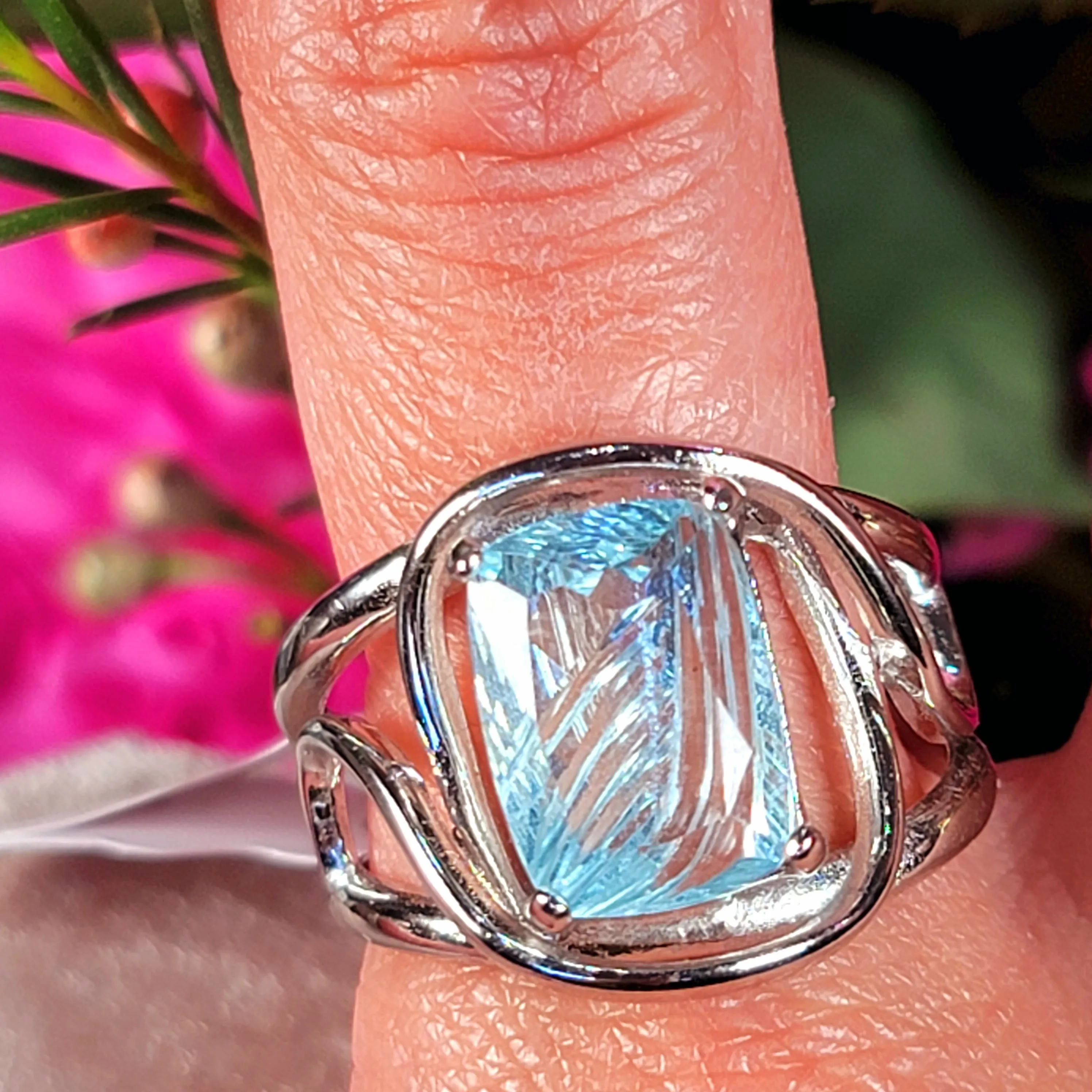 Aquamarine Carved Finger Cuff Adjustable Ring .925 Silver for Improved Communication and Peace