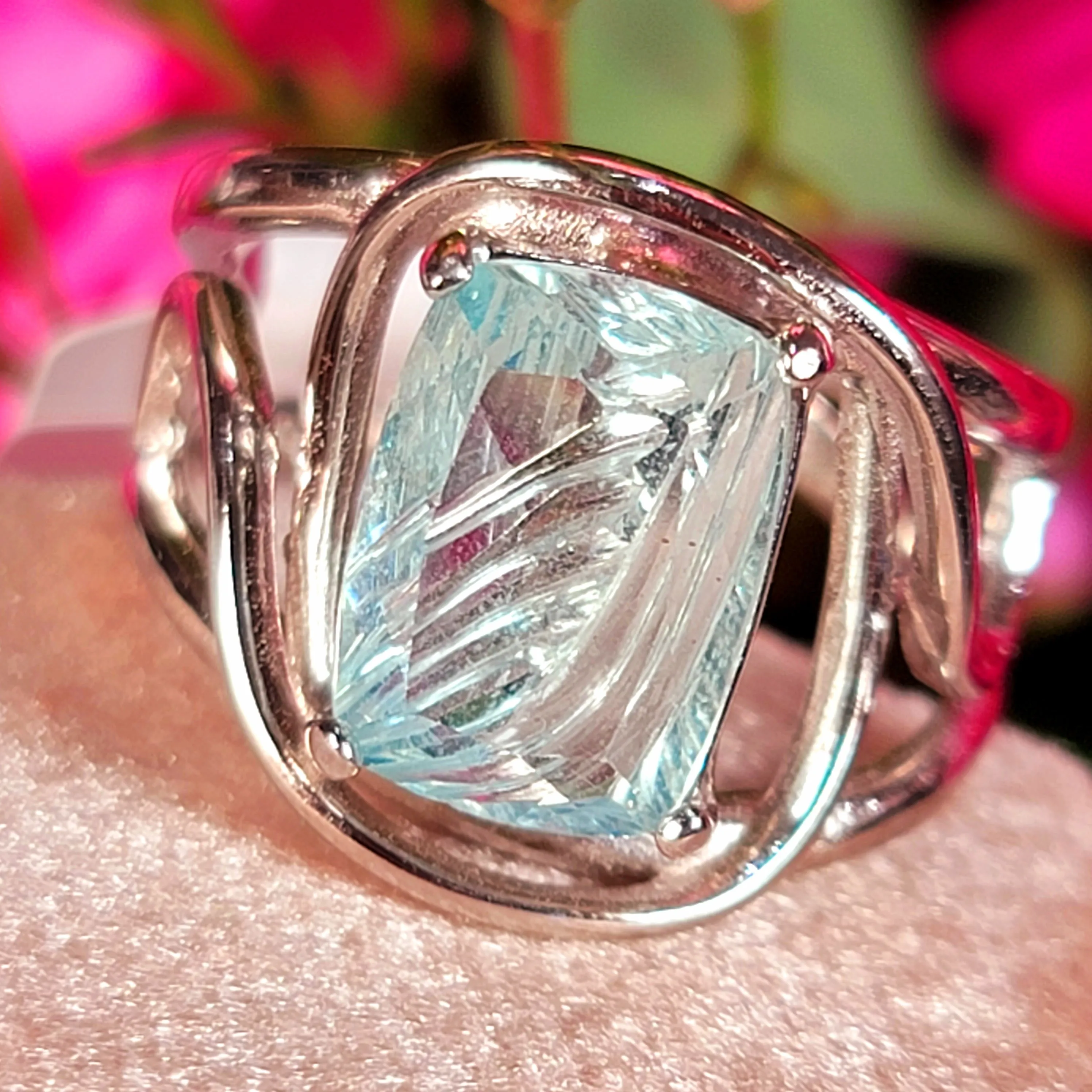 Aquamarine Carved Finger Cuff Adjustable Ring .925 Silver for Improved Communication and Peace