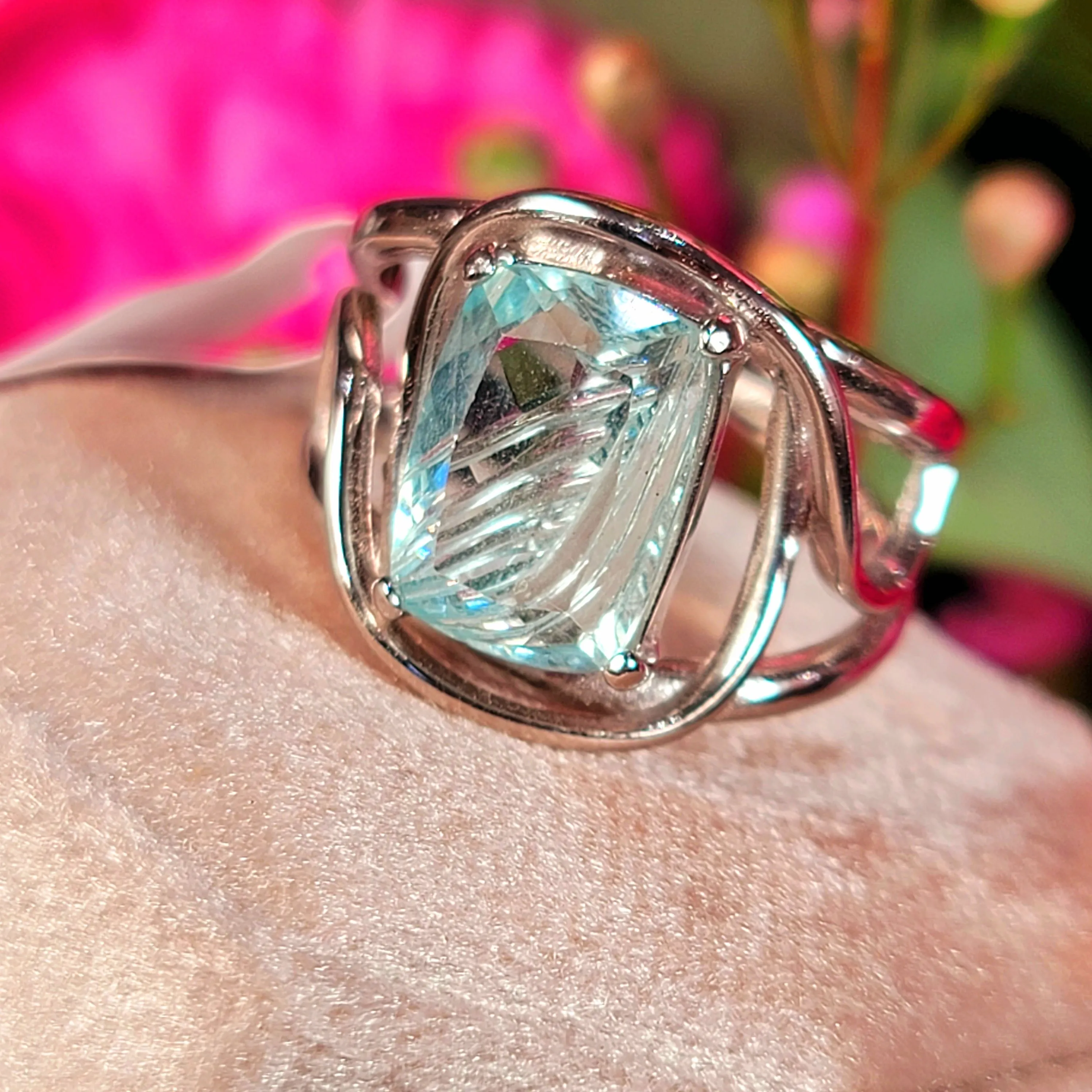 Aquamarine Carved Finger Cuff Adjustable Ring .925 Silver for Improved Communication and Peace