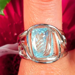 Aquamarine Carved Finger Cuff Adjustable Ring .925 Silver for Improved Communication and Peace