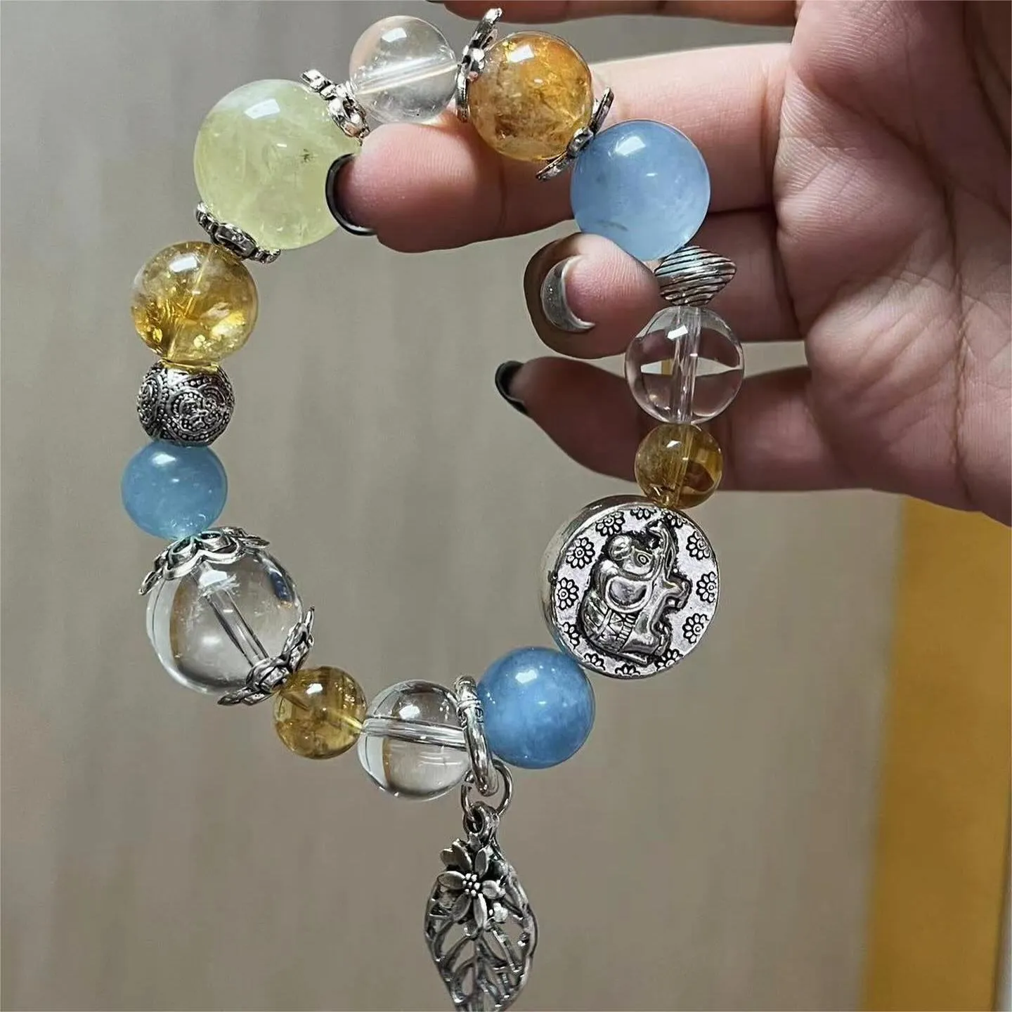 Aquamarine Citrine Yellow Quartz Elephant Bracelet