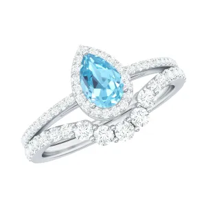 Aquamarine Designer Teardrop Ring Set with Diamond Halo