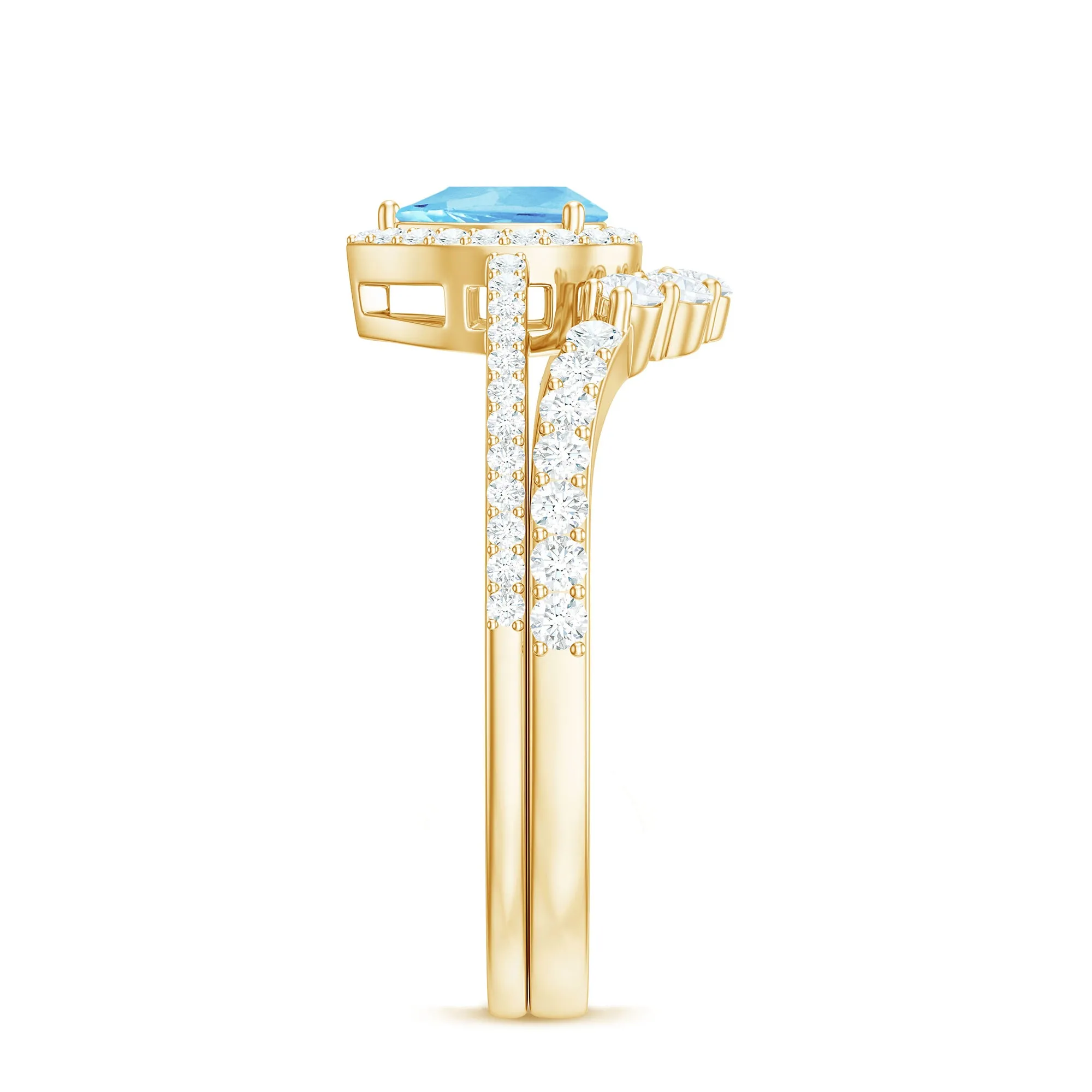 Aquamarine Designer Teardrop Ring Set with Diamond Halo
