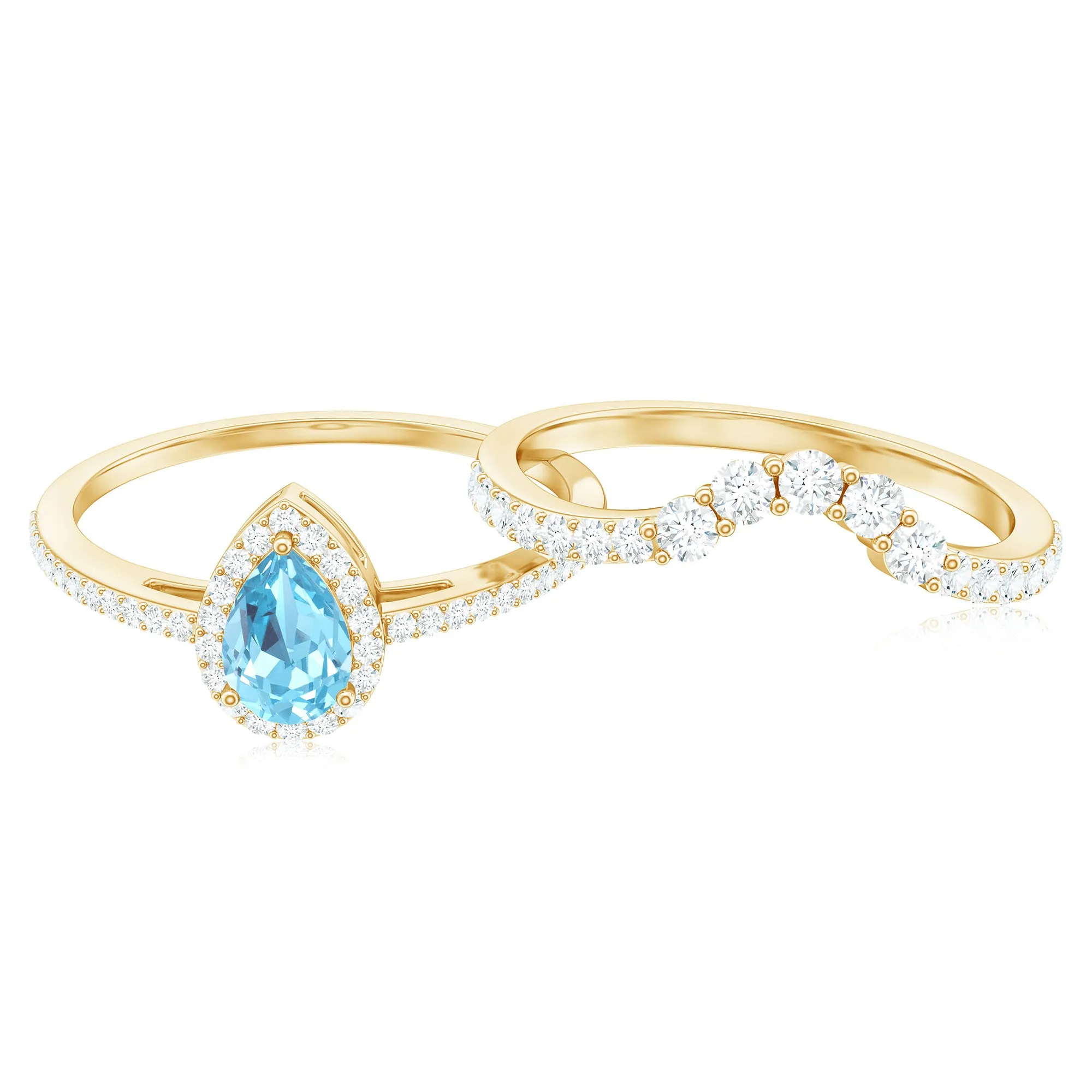Aquamarine Designer Teardrop Ring Set with Diamond Halo