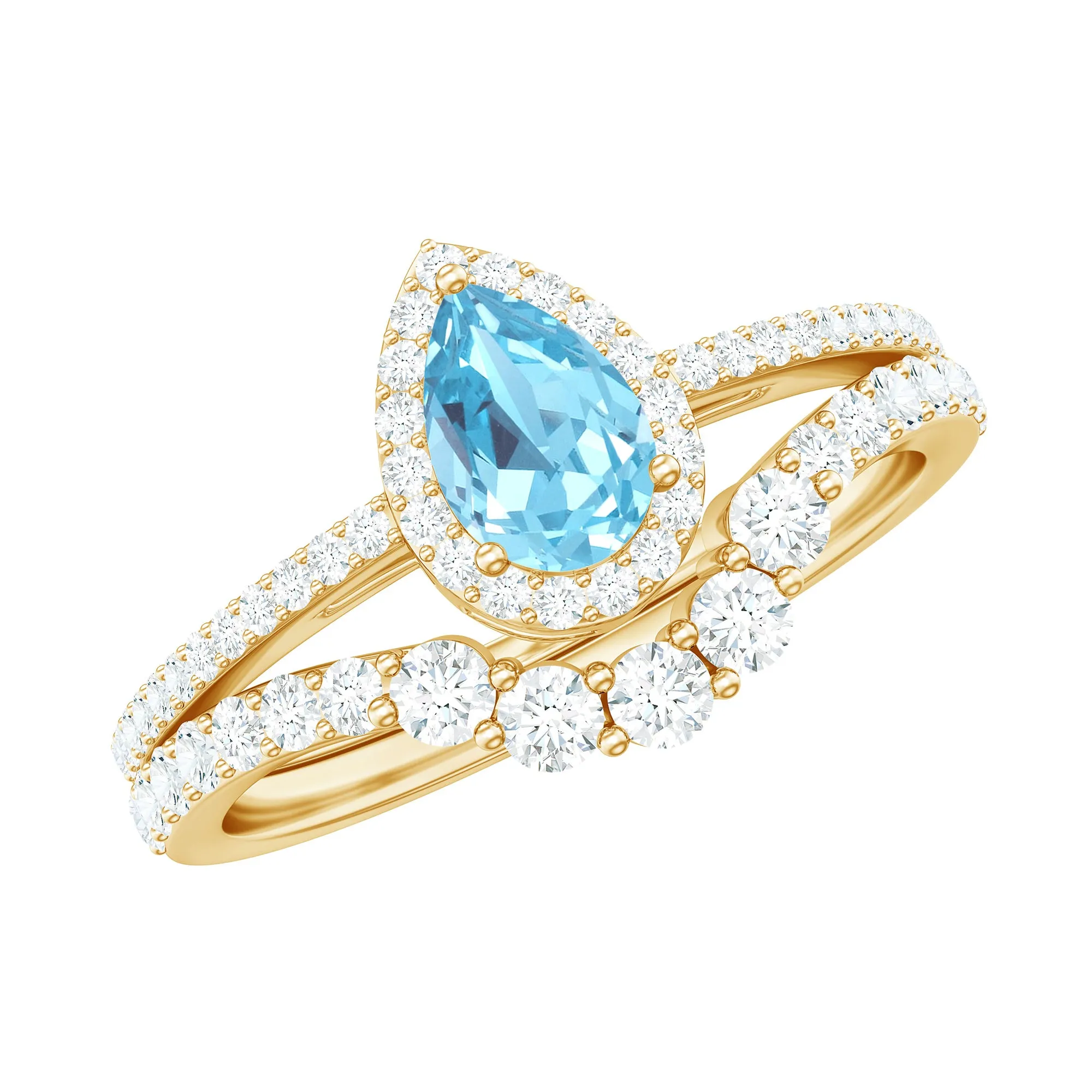 Aquamarine Designer Teardrop Ring Set with Diamond Halo