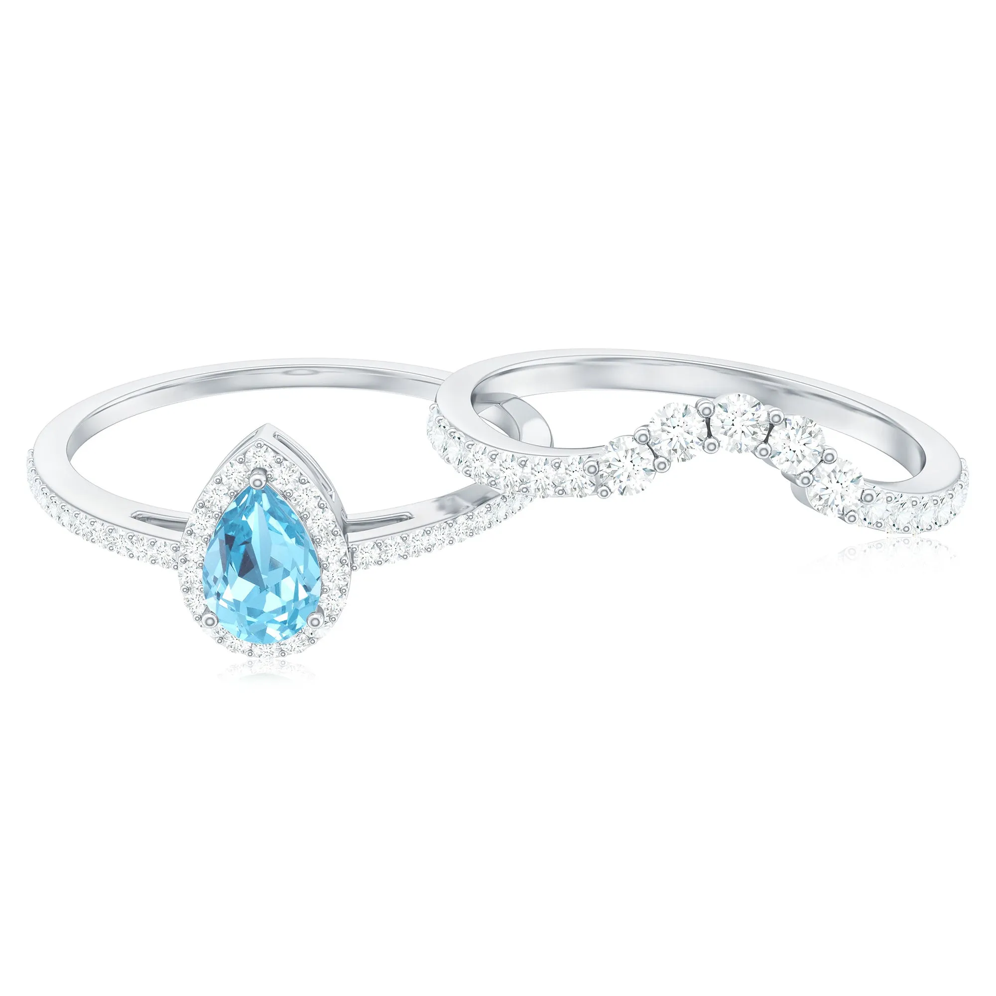 Aquamarine Designer Teardrop Ring Set with Diamond Halo