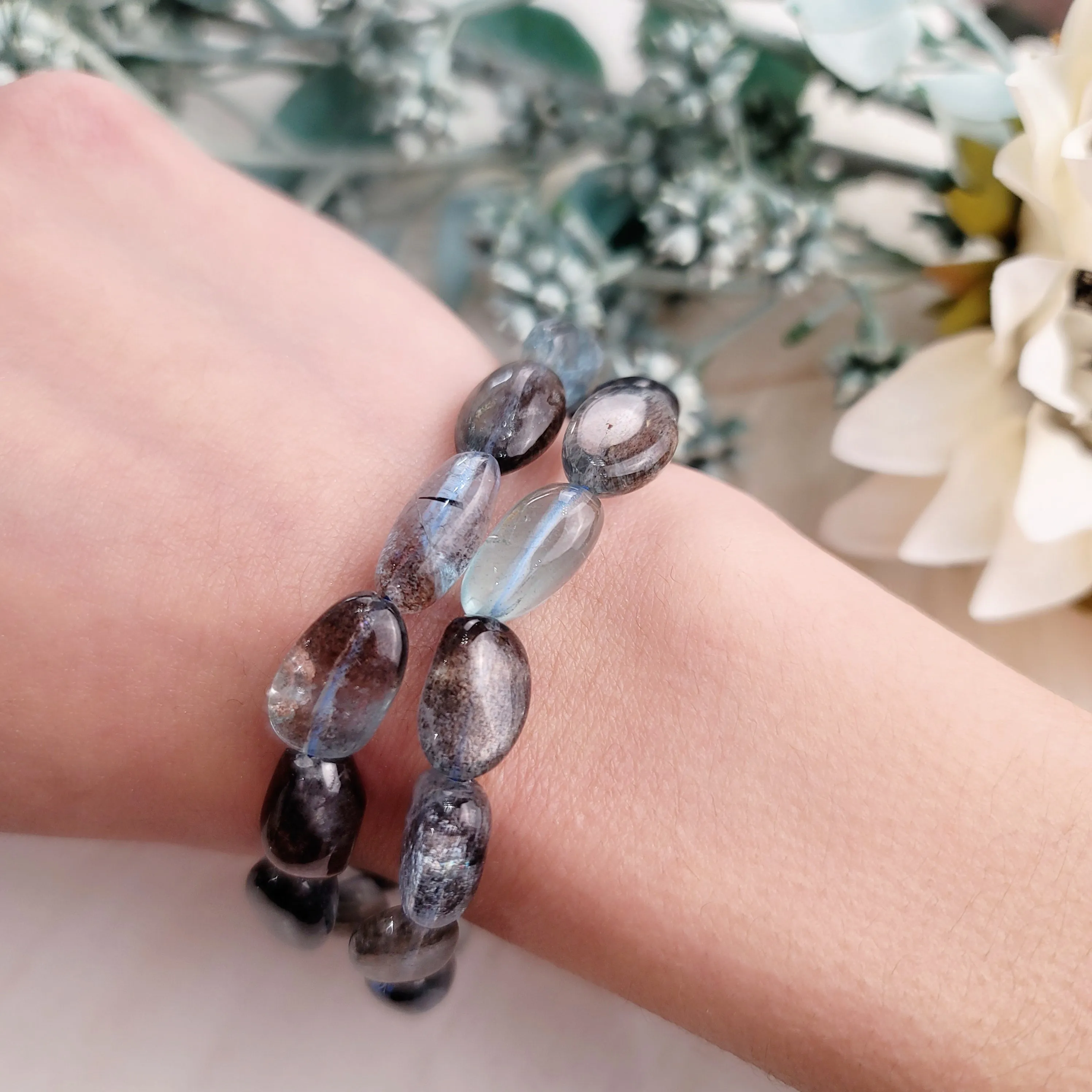 Aquamarine with Flashy Biotite (Gem Grade) Nugget Bracelet for Gentle and Nurturing Communication