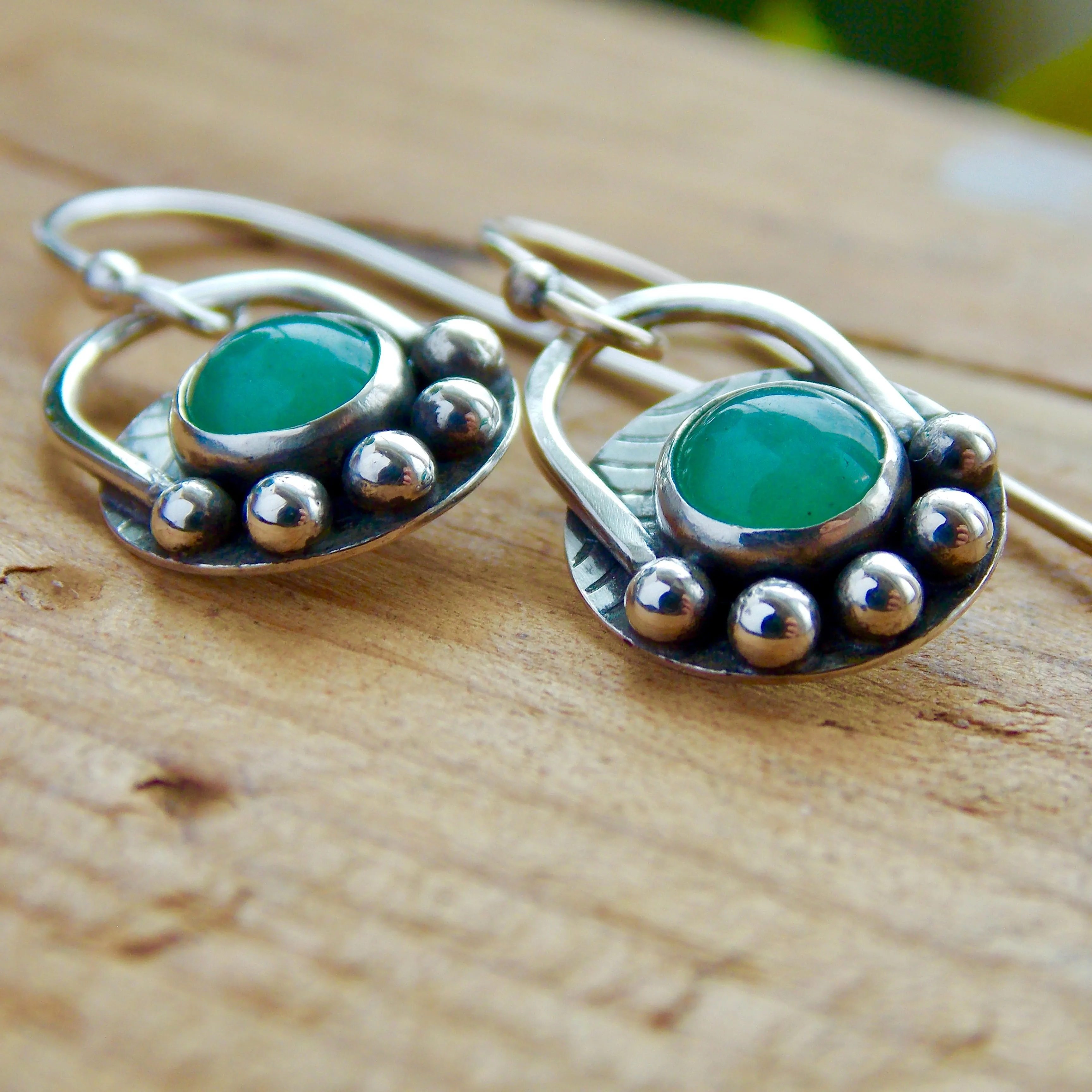 Arched Bohemian Earrings: Sterling Silver with green aventurine stone