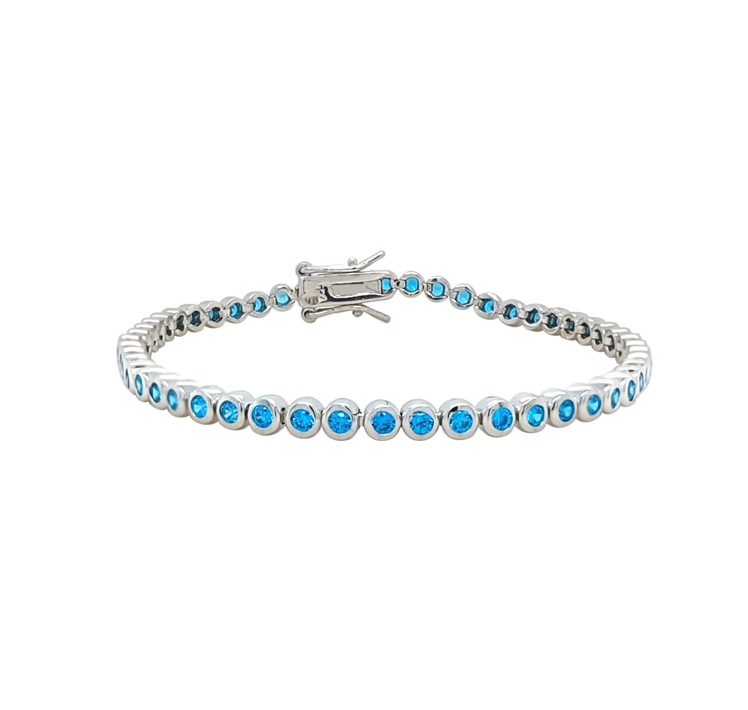 Asfour Crystal Tennis Bracelet With Aquamarine Round Zircon In 925 Sterling Silver-BM0071-M