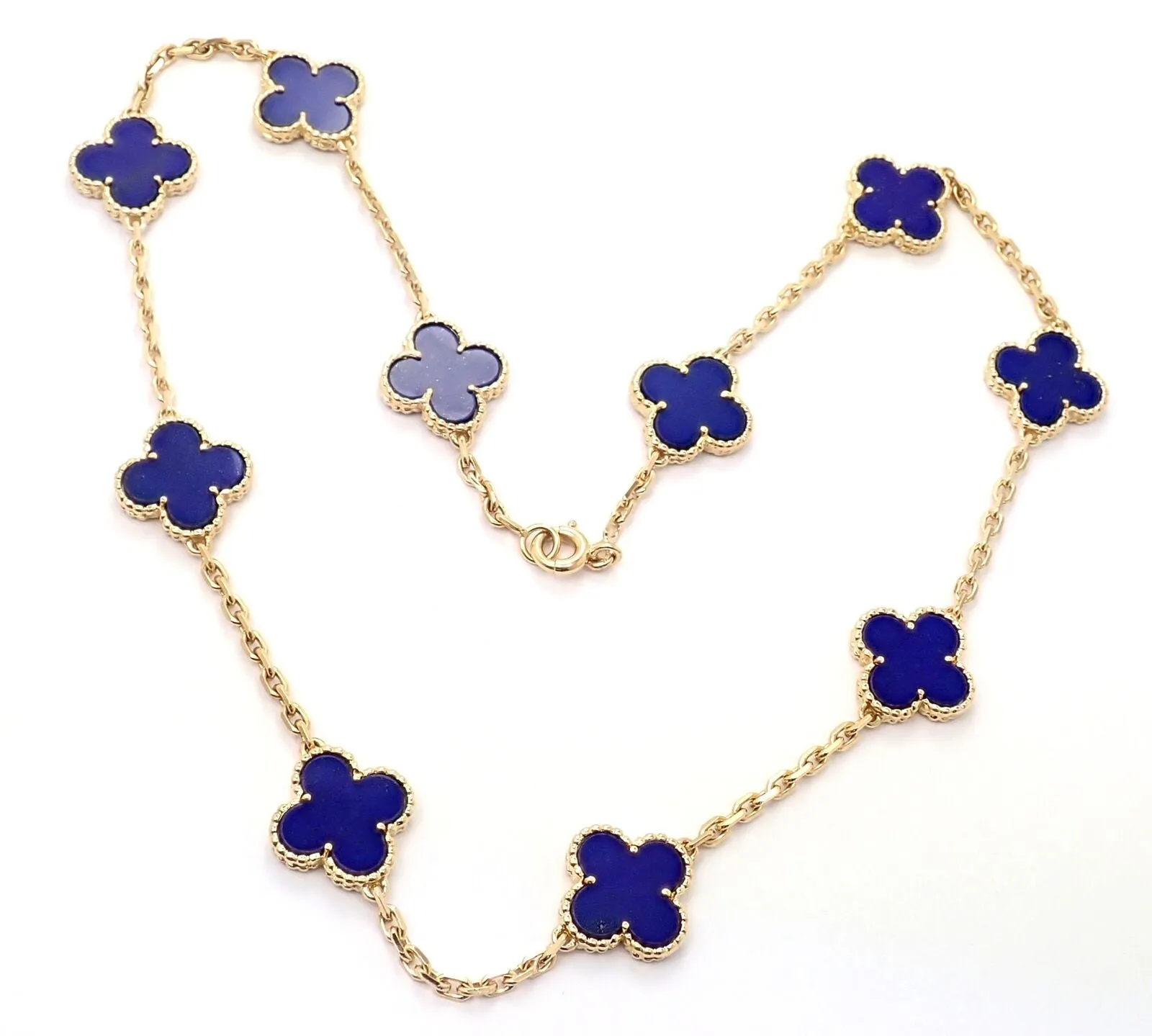 Authentic! Van Cleef & Arpels 18k Gold 10 Motif Alhambra Lapis Necklace Paper