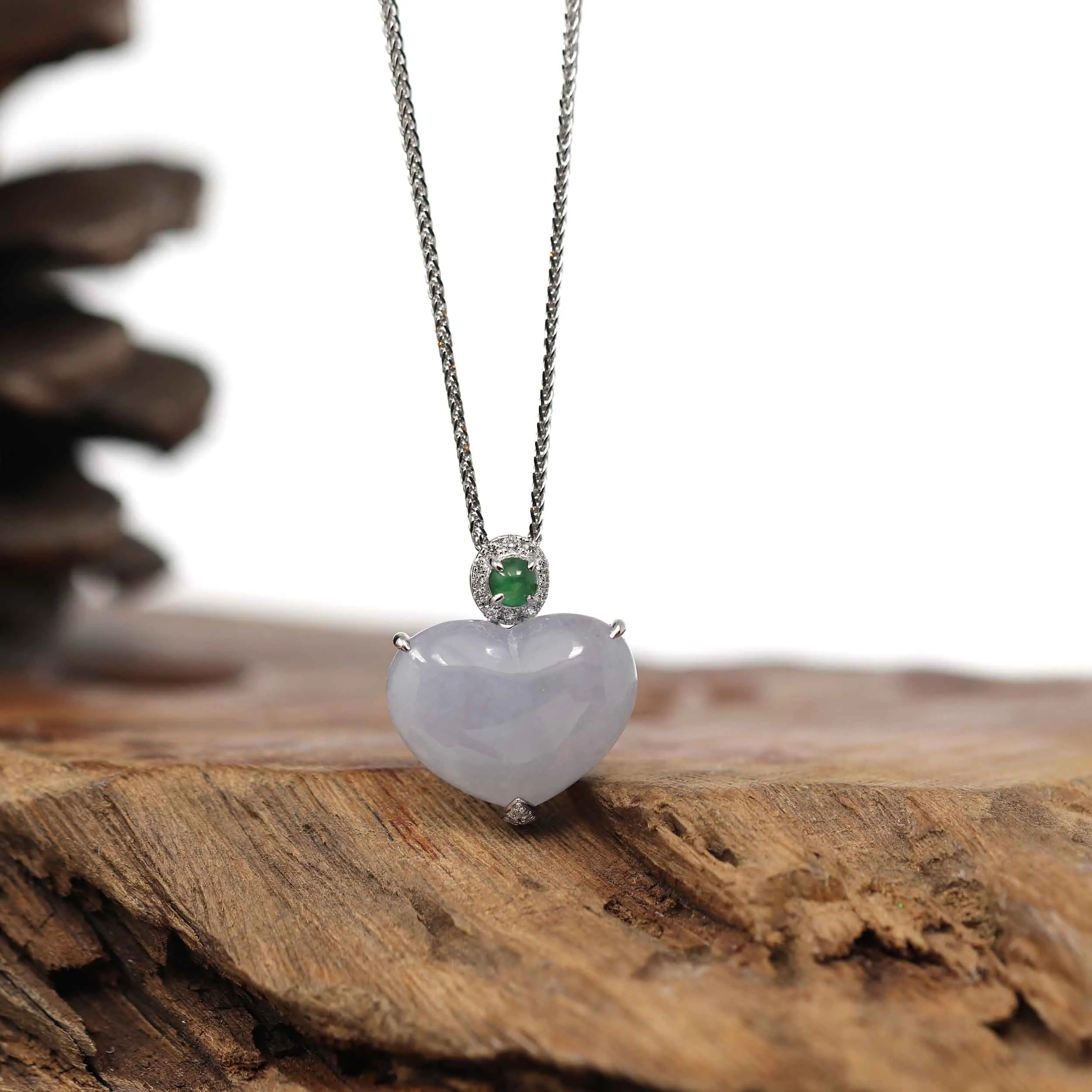 Baikalla 14K Gold Genuine Burmese Lavender Jadeite Jade Heart Pendant with VS1 Diamonds