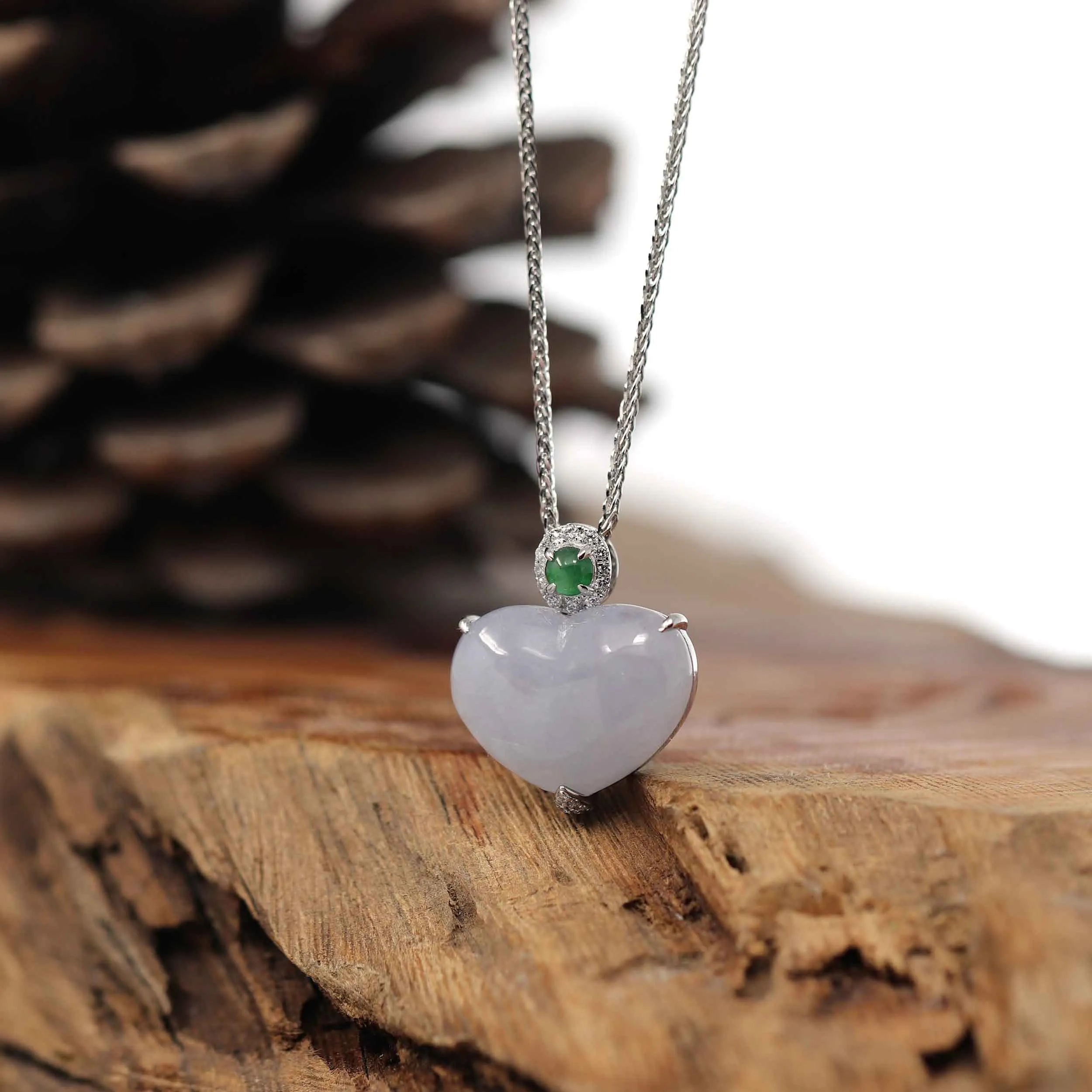 Baikalla 14K Gold Genuine Burmese Lavender Jadeite Jade Heart Pendant with VS1 Diamonds