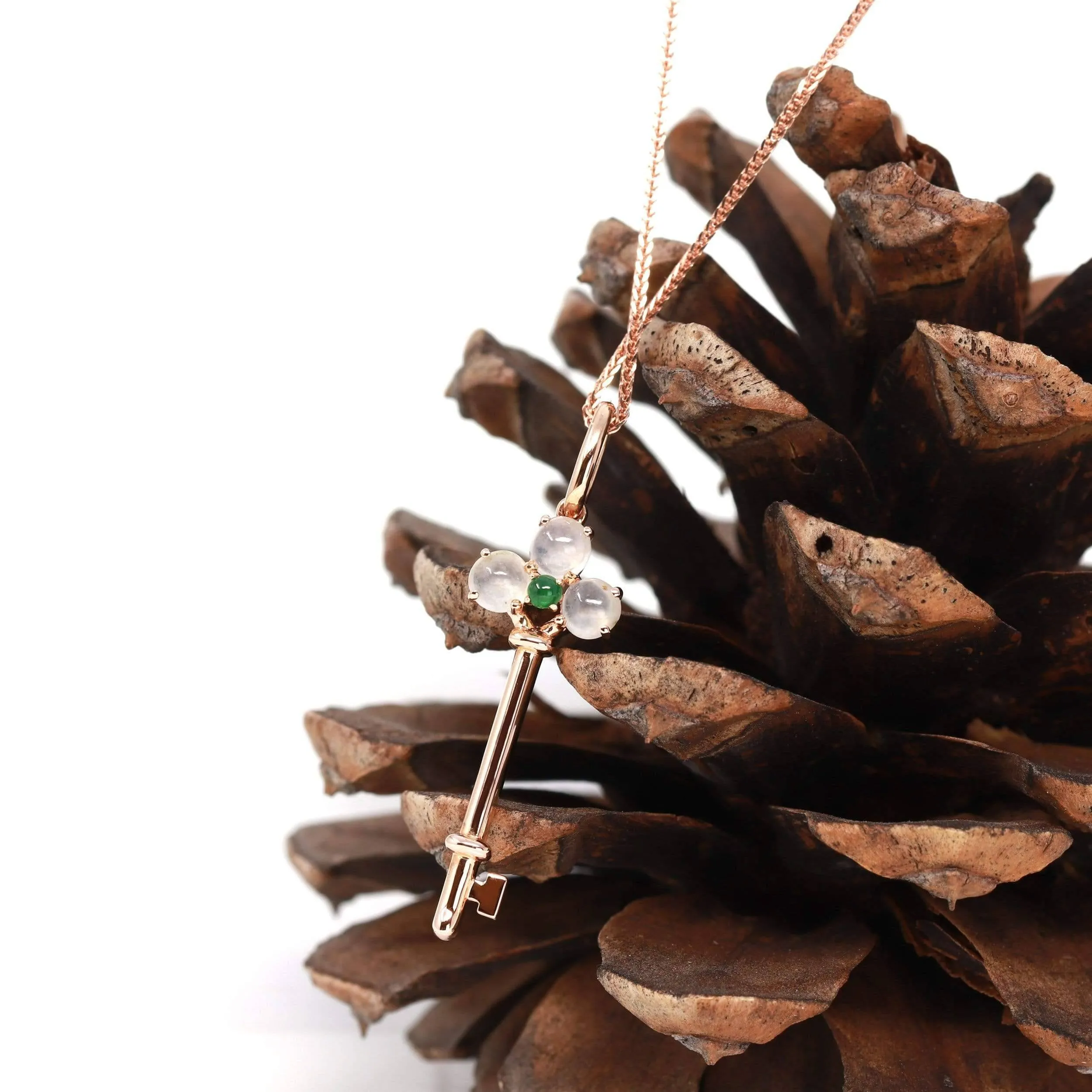Baikalla™ "Jadeite Good Luck Key" 18k Rose Gold Genuine Burmese Jadeite Necklace With Diamonds