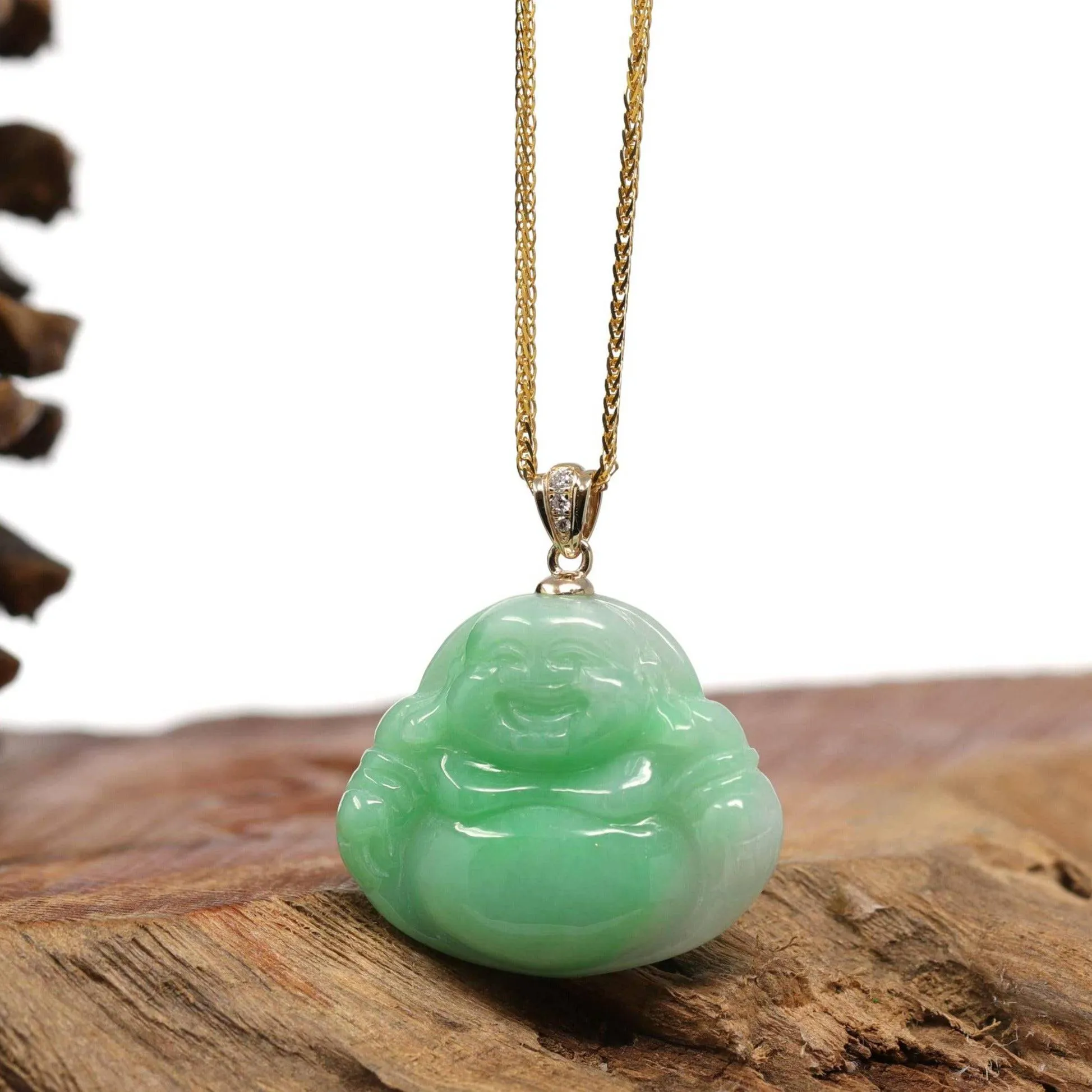 Baikalla™ "Laughing Buddha" Genuine Green Jadeite Buddha Pendant Necklace With 14k Yellow Gold Diamond Bail