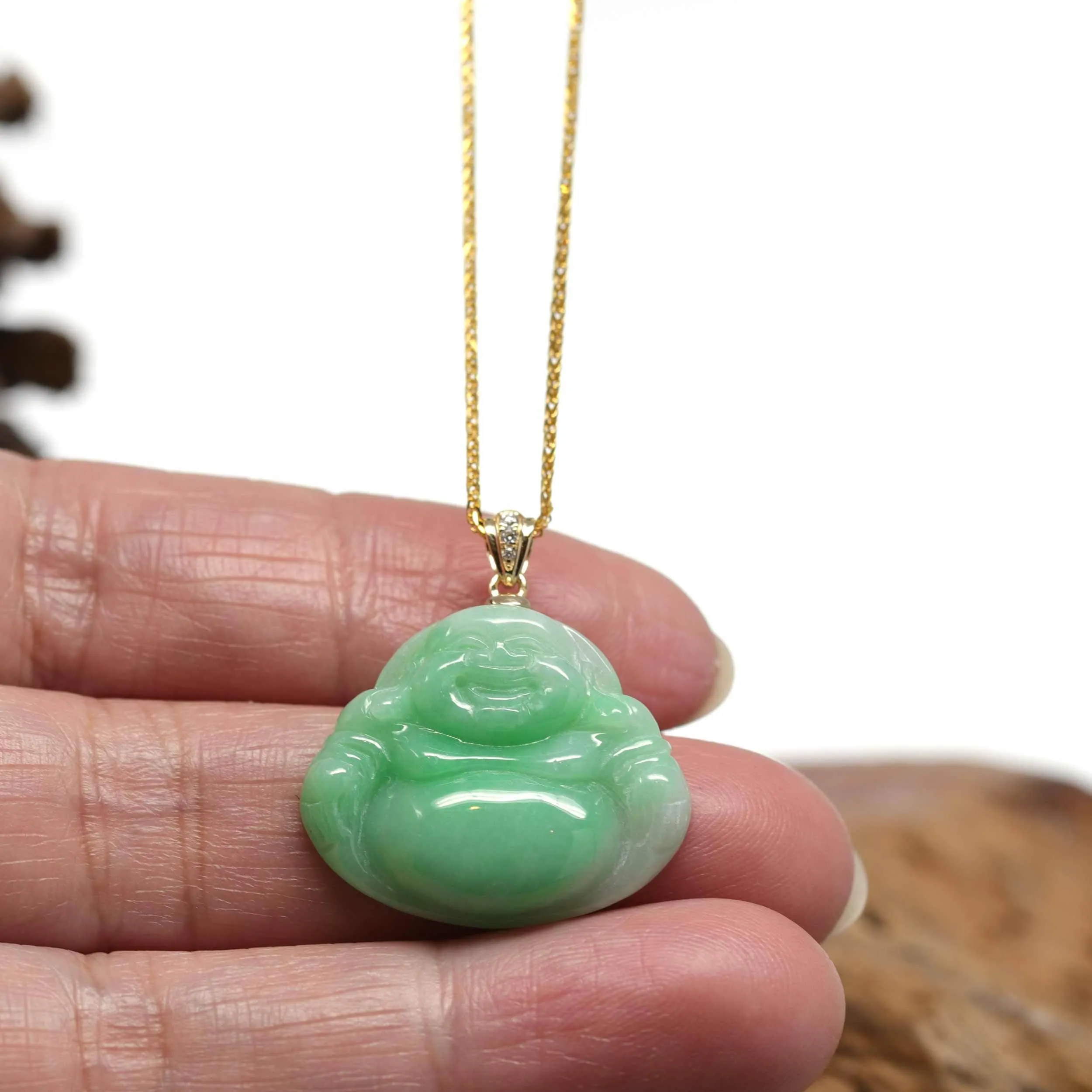 Baikalla™ "Laughing Buddha" Genuine Green Jadeite Buddha Pendant Necklace With 14k Yellow Gold Diamond Bail