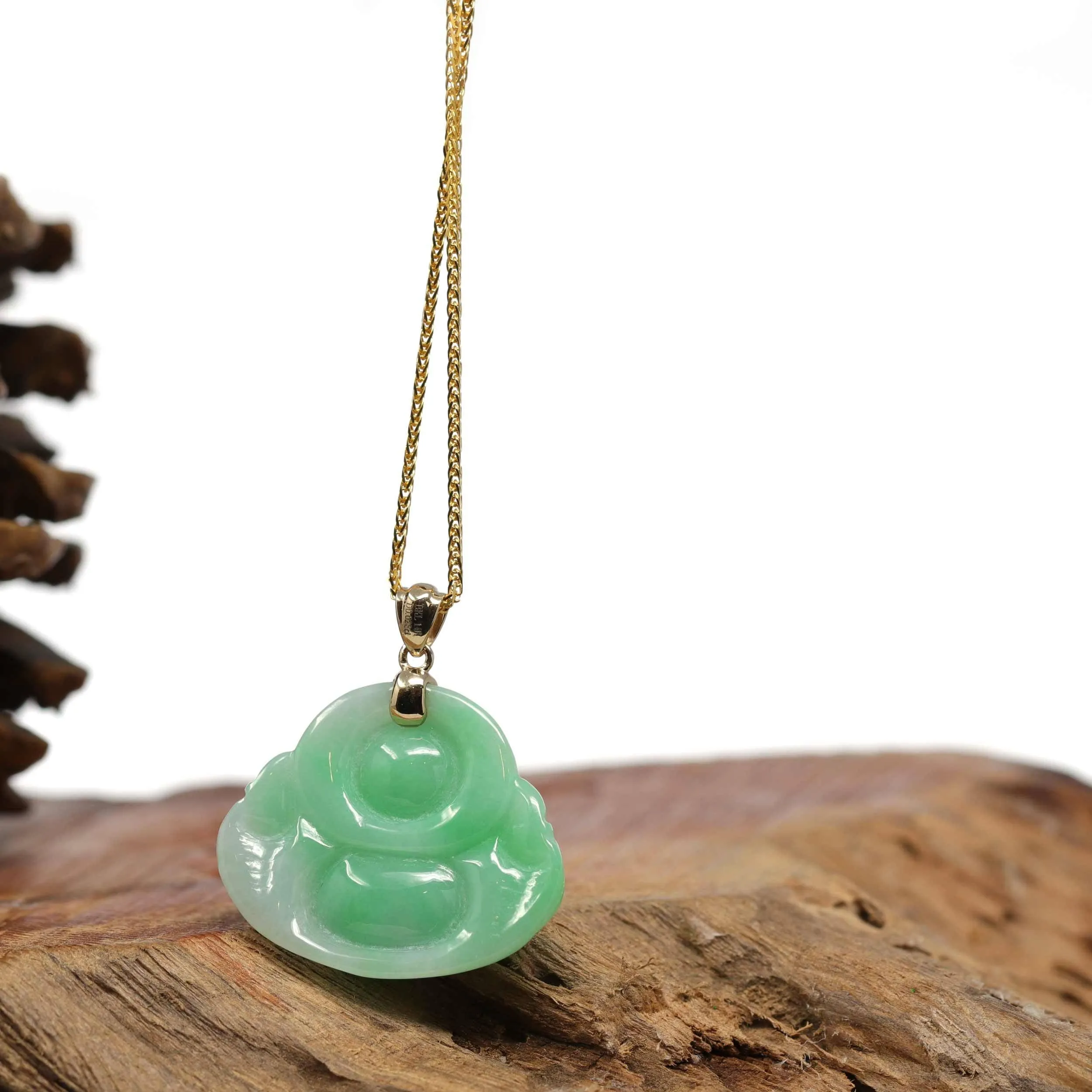 Baikalla™ "Laughing Buddha" Genuine Green Jadeite Buddha Pendant Necklace With 14k Yellow Gold Diamond Bail