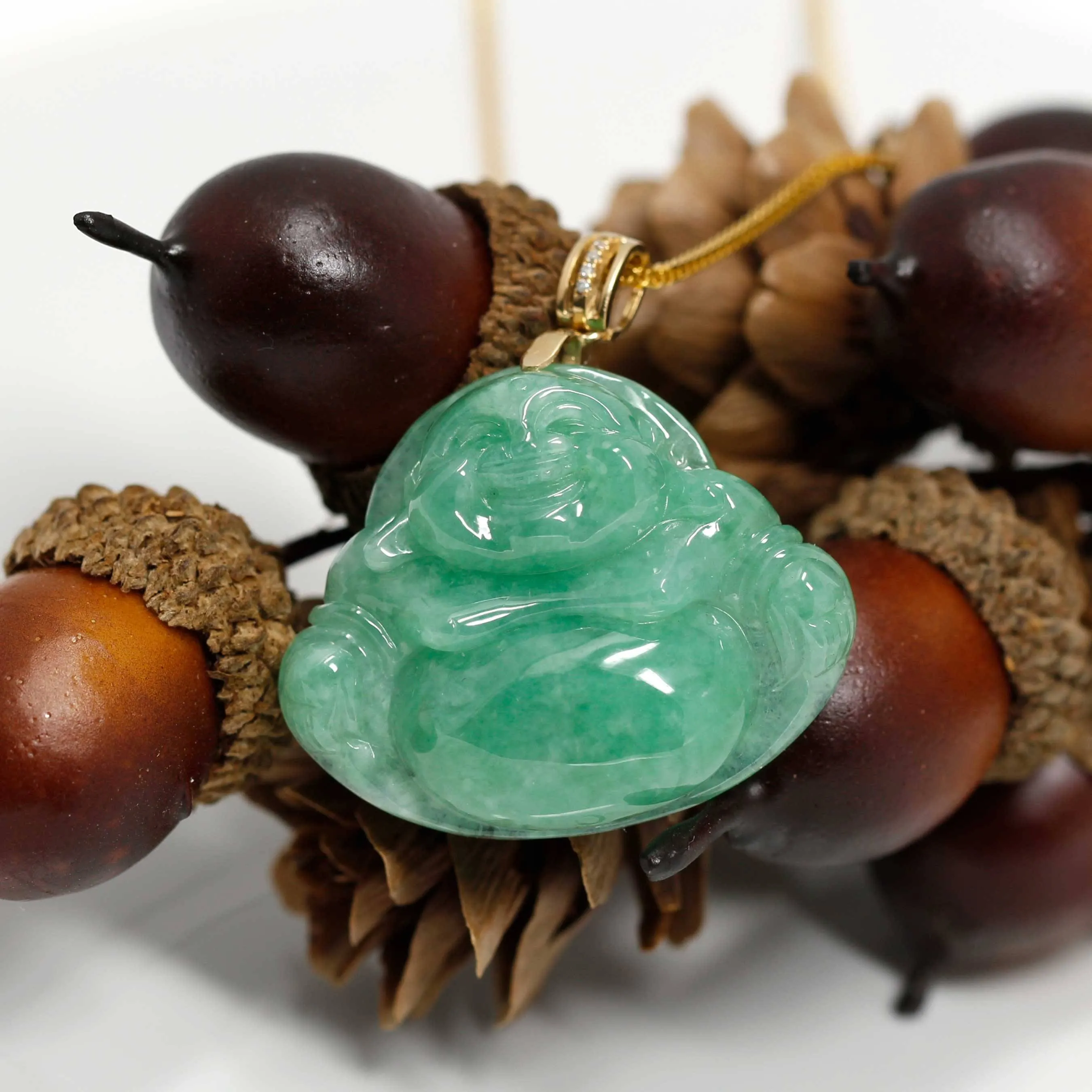 Baikalla™ "Laughing Buddha" Green Jadeite Buddha Pendant Necklace With 18k Yellow Gold Diamond Bail