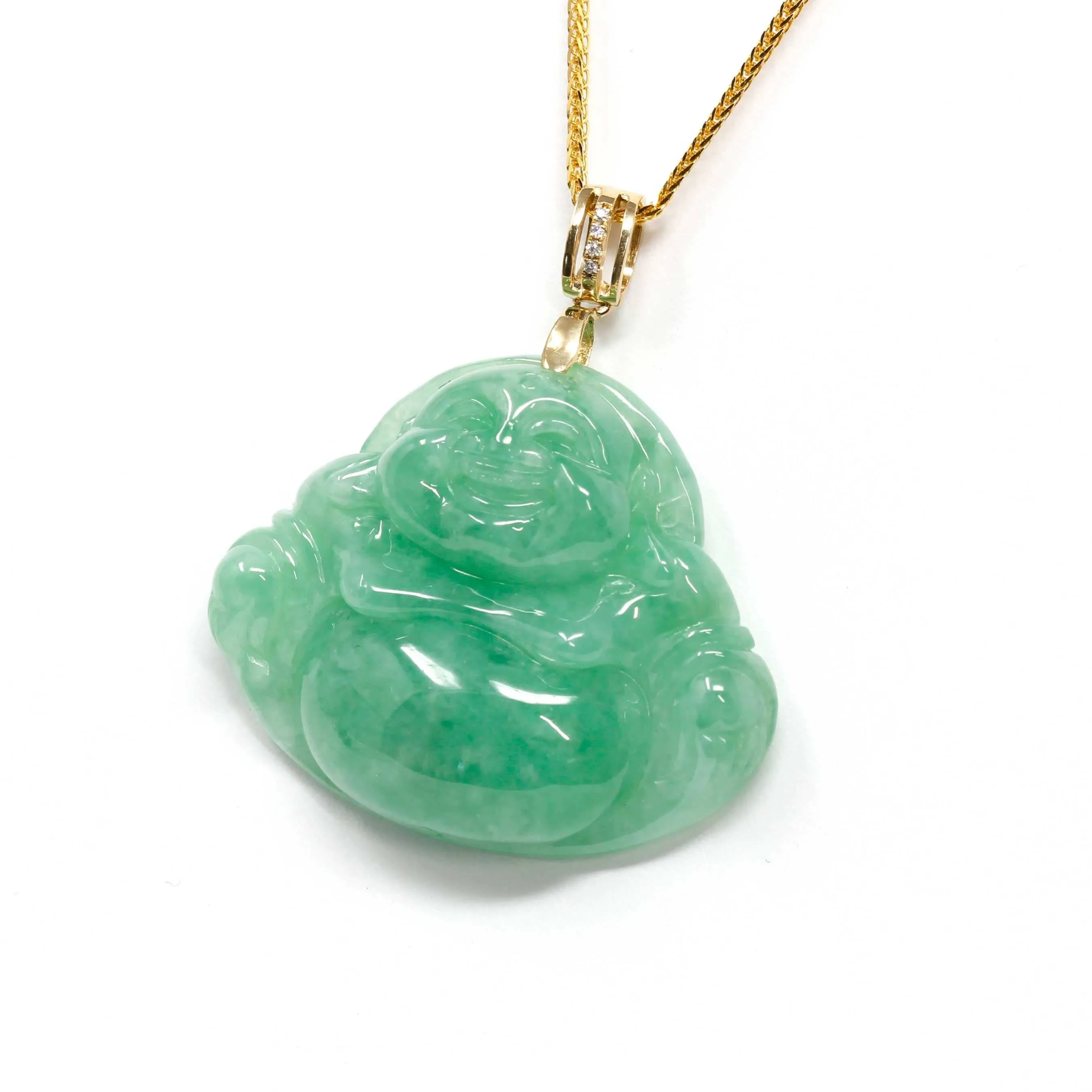 Baikalla™ "Laughing Buddha" Green Jadeite Buddha Pendant Necklace With 18k Yellow Gold Diamond Bail