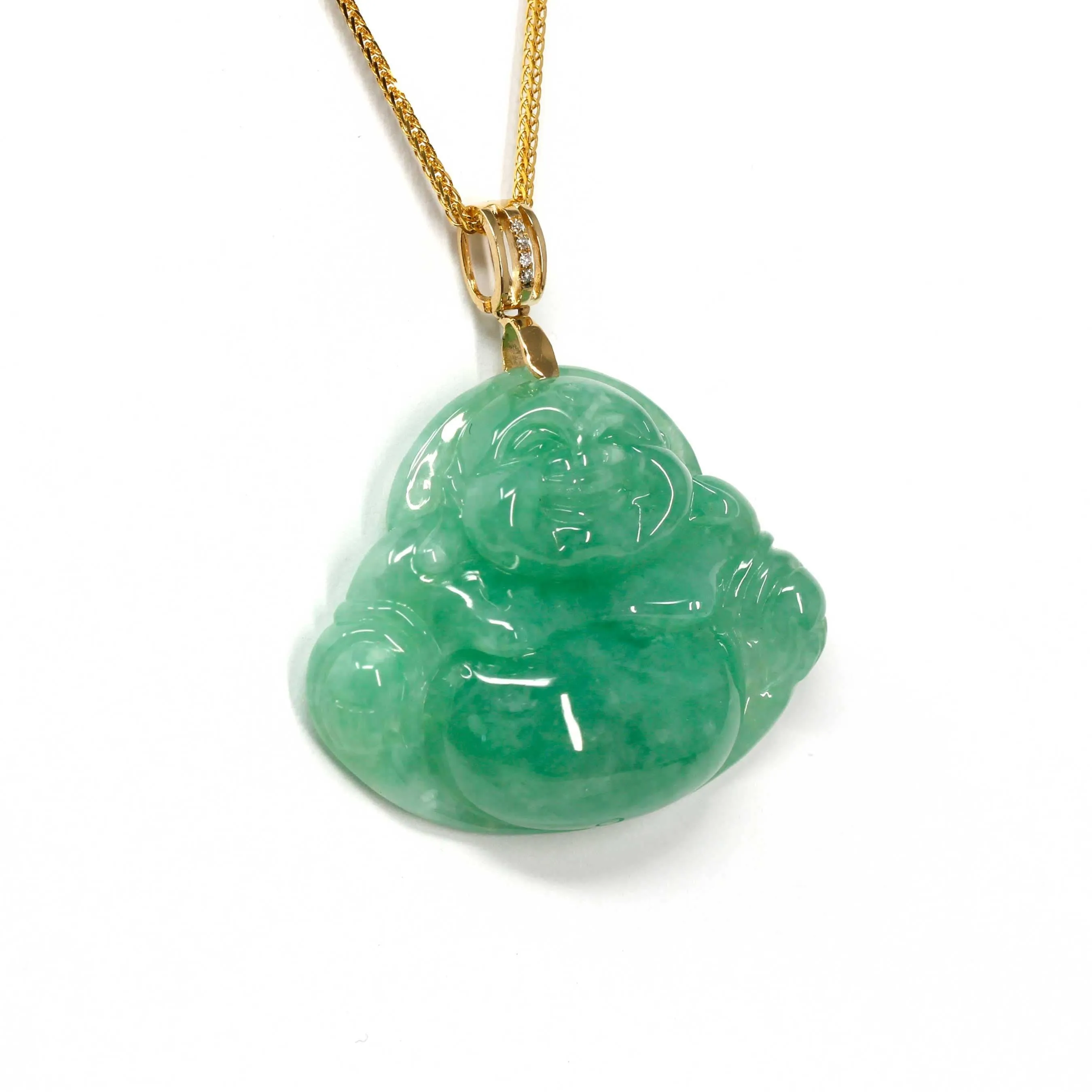 Baikalla™ "Laughing Buddha" Green Jadeite Buddha Pendant Necklace With 18k Yellow Gold Diamond Bail