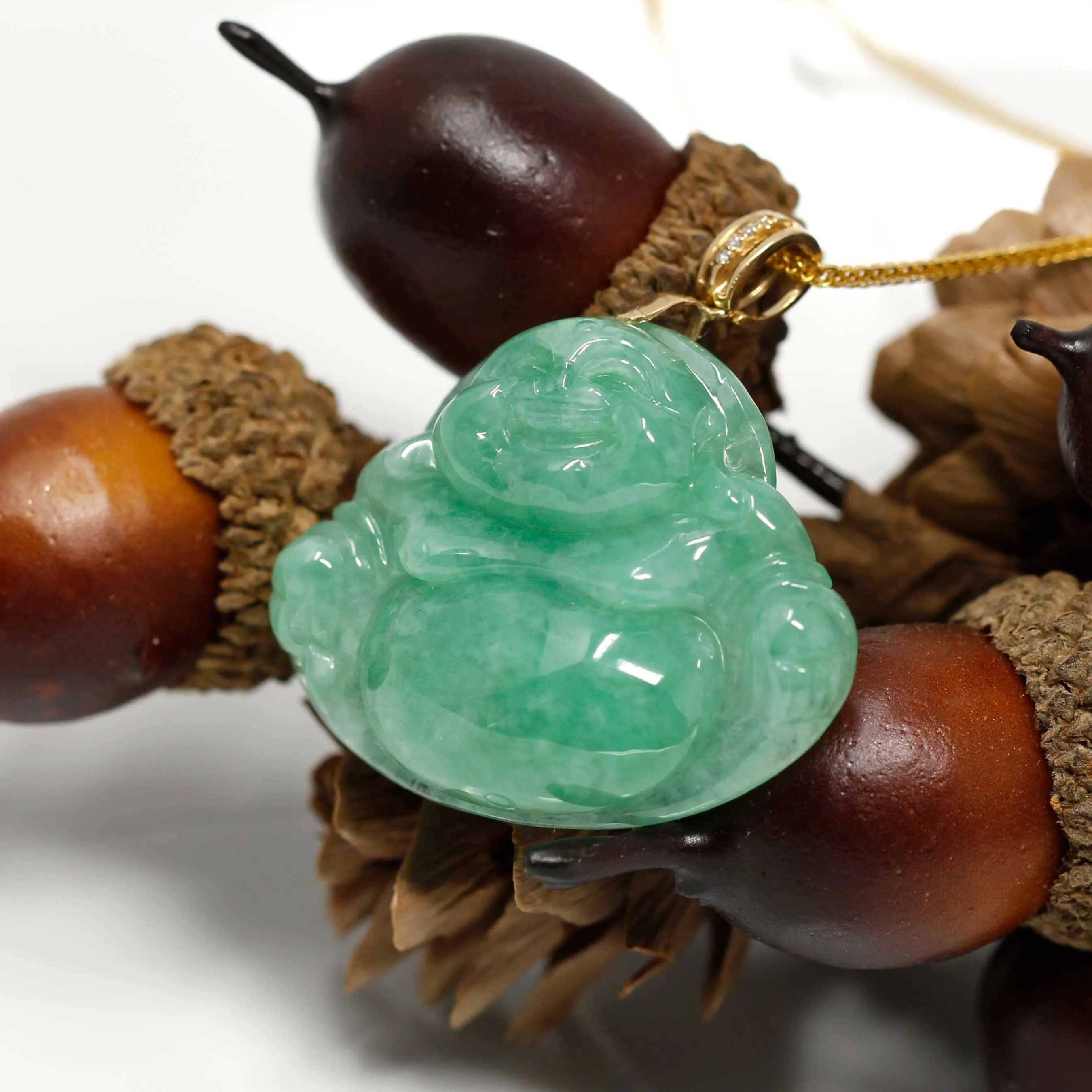 Baikalla™ "Laughing Buddha" Green Jadeite Buddha Pendant Necklace With 18k Yellow Gold Diamond Bail